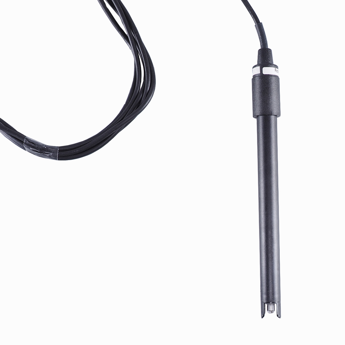 JUMO BlackLine ORP plastic shaft electrode with salt reservoir, 2 meter fixed cable without thread with BNC connection and fixed protection cage JUMO BlackLine Redox Elektrode, Nahaufnahme des Elektrodenkopfs, 2m Festkabel, ohne Gewinde