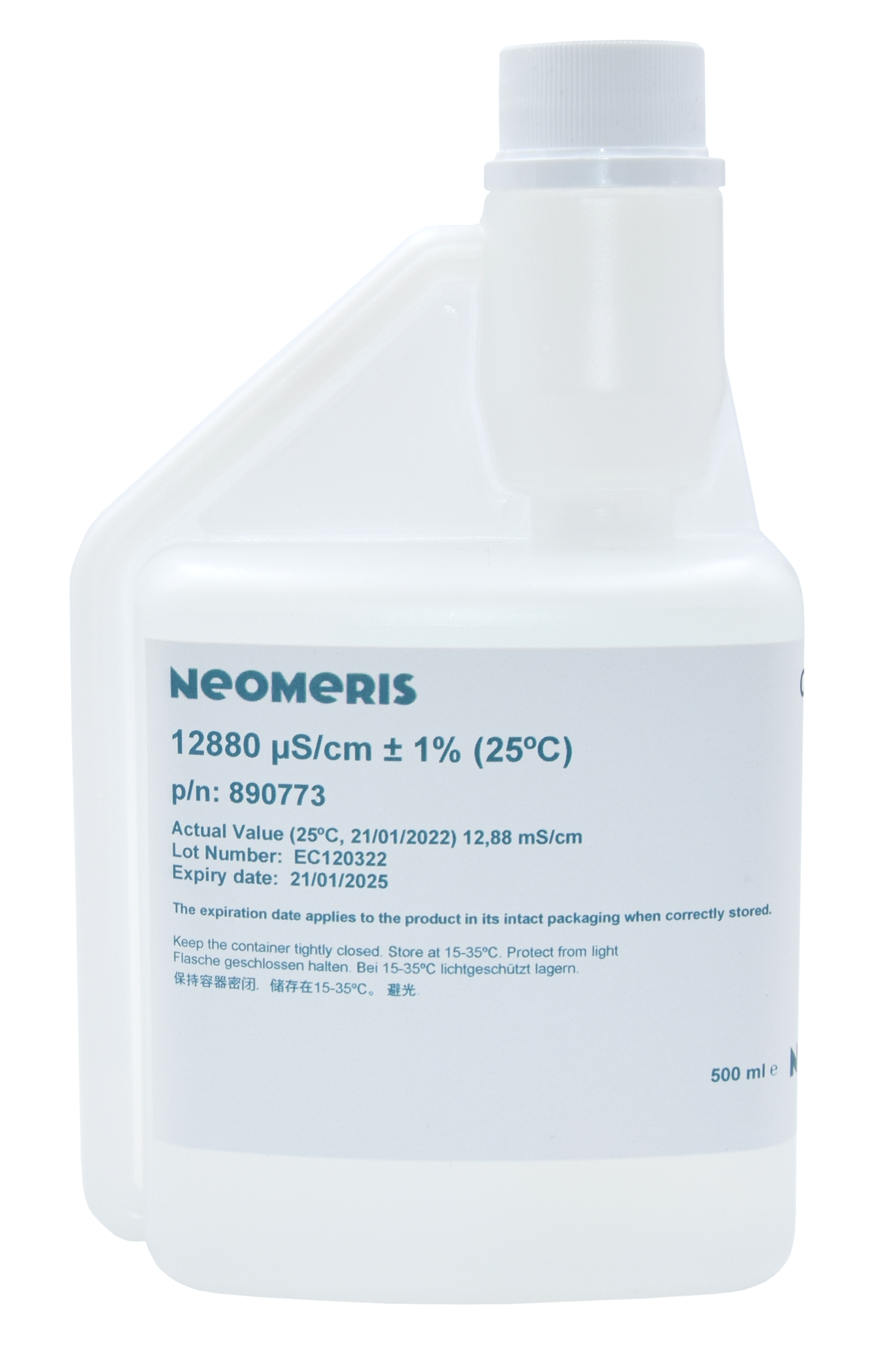 Neomeris conductivity calibration solution 12880 μS/cm Leitfähigkeitskalibrierlösung, transparente 500 ml Flasche mit  Etikett, klare Flüssigkeit