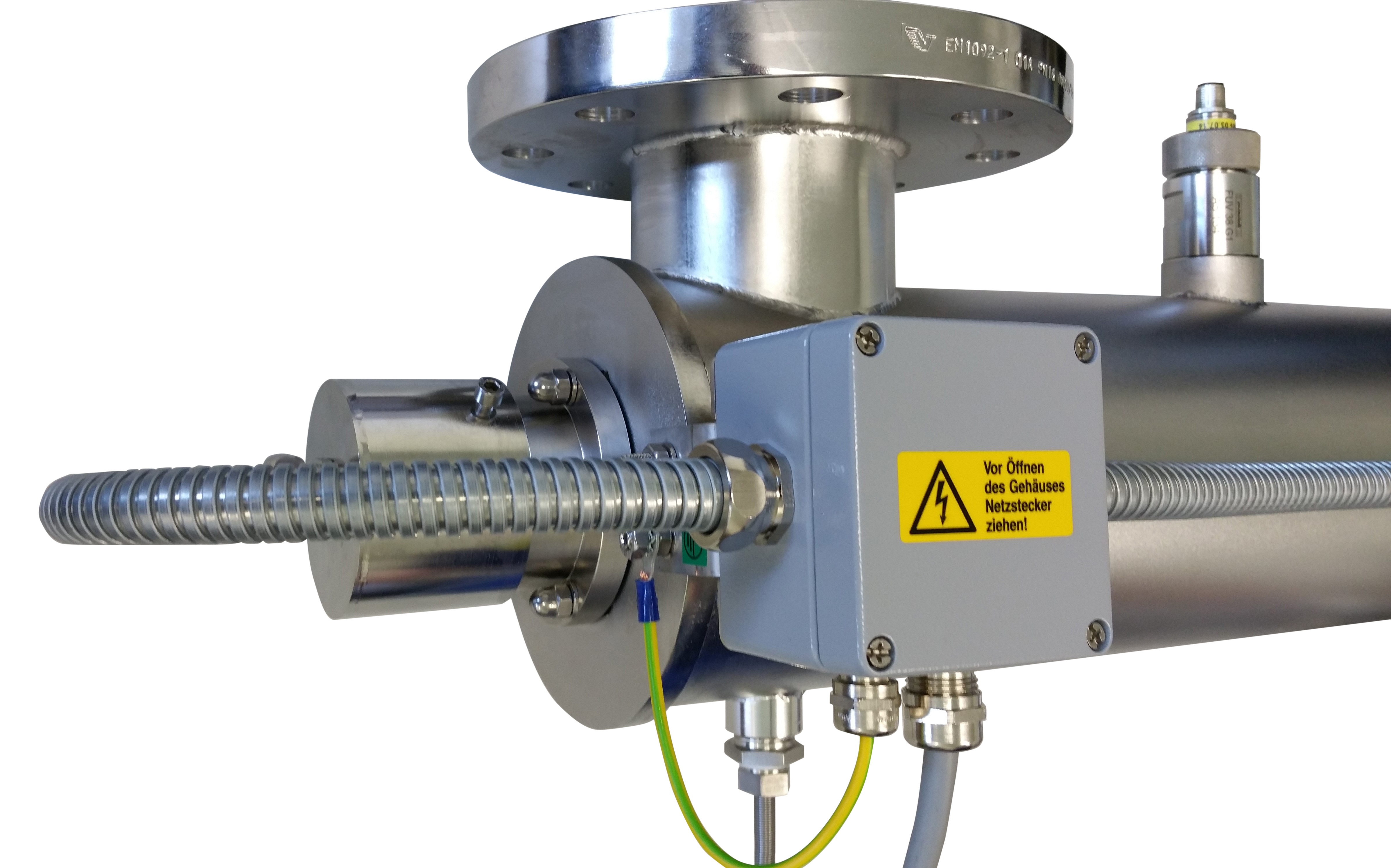 UVprofessional pool medium pressure system side view, stainless steel housing with flange connections, quartz immersion tube, compact UV-C disinfection system, pool water disinfection with medium pressure lamp