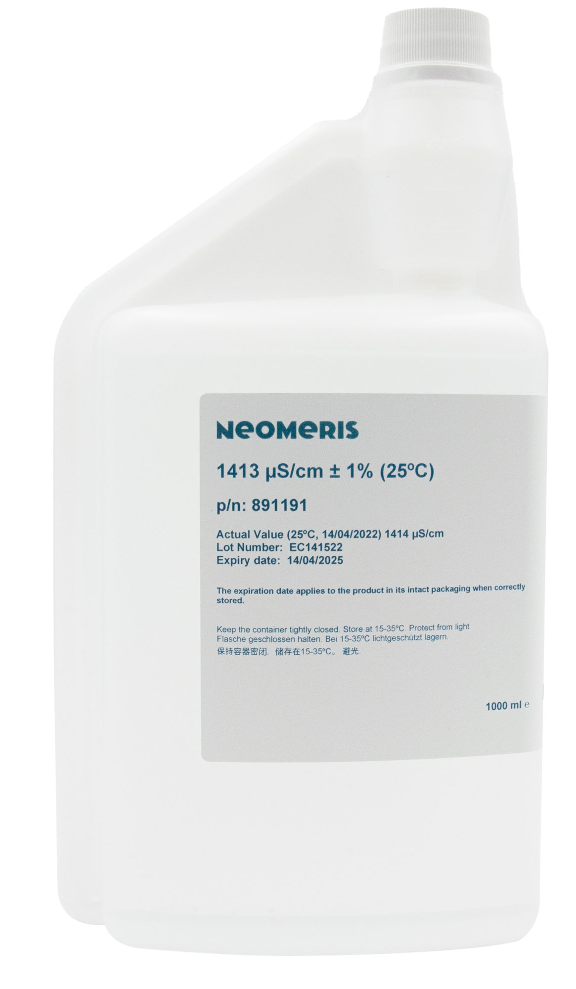 Neomeris conductivity calibration solution 1413 μS/cm Leitfähigkeitskalibrierlösung 1000 ml Flasche Frontansicht, durchsichtiger Hygieneverschluss, transparente Flasche