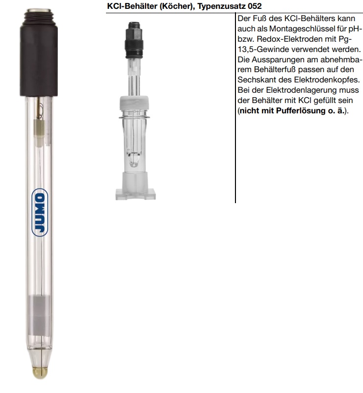 JUMO ecoLine glass shaft pH electrode with KCL container, S8 Pg13.5 screw head JUMO ecoLine Glasschaft Elektrode Frontansicht mit Keramik-Diaphragma, ideal für Wasserüberwachung