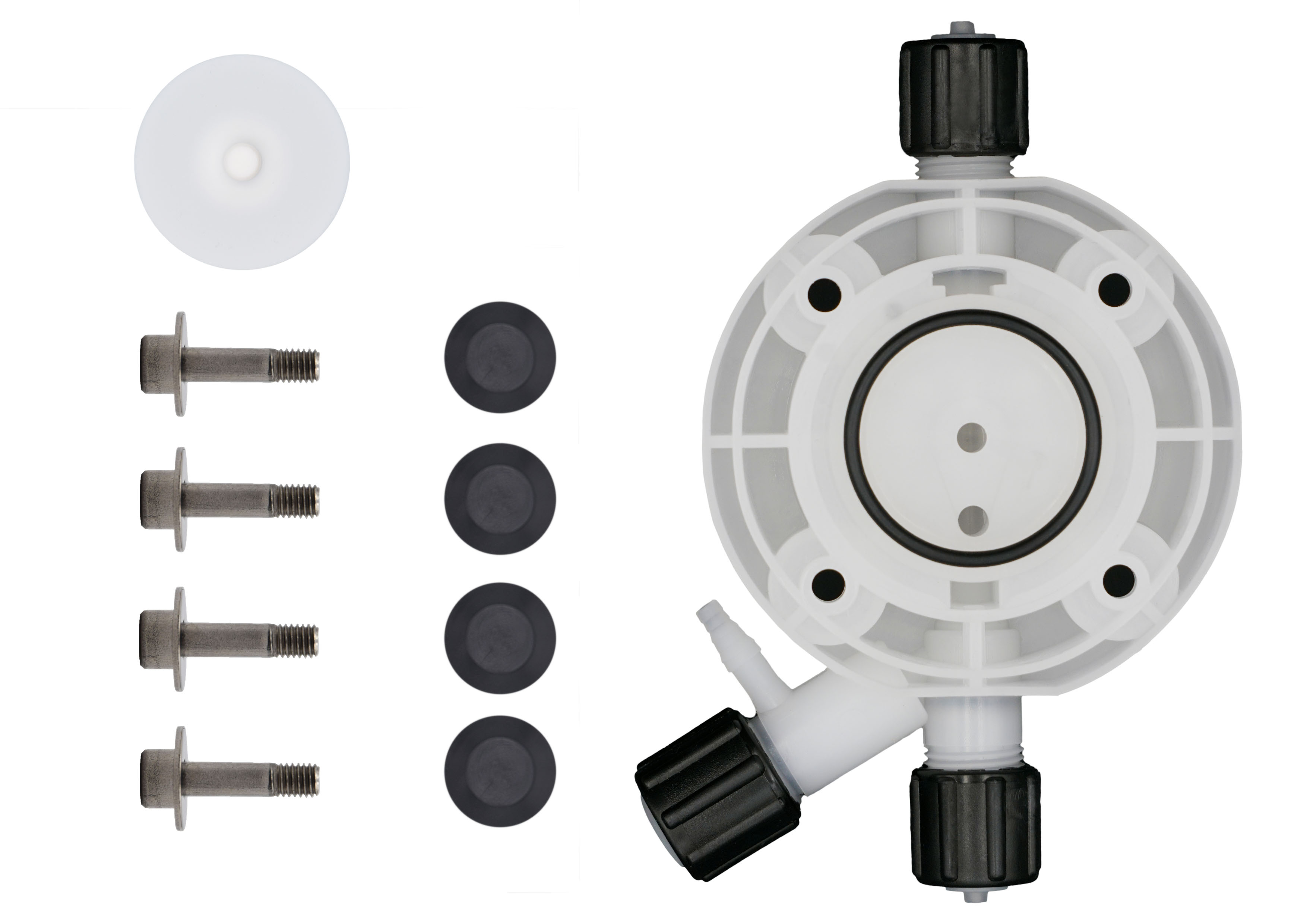 Aufnahme: Komplettansicht des Service-Sets mit PVDF Pumpenkopf, Dichtung und PTFE-Membran.