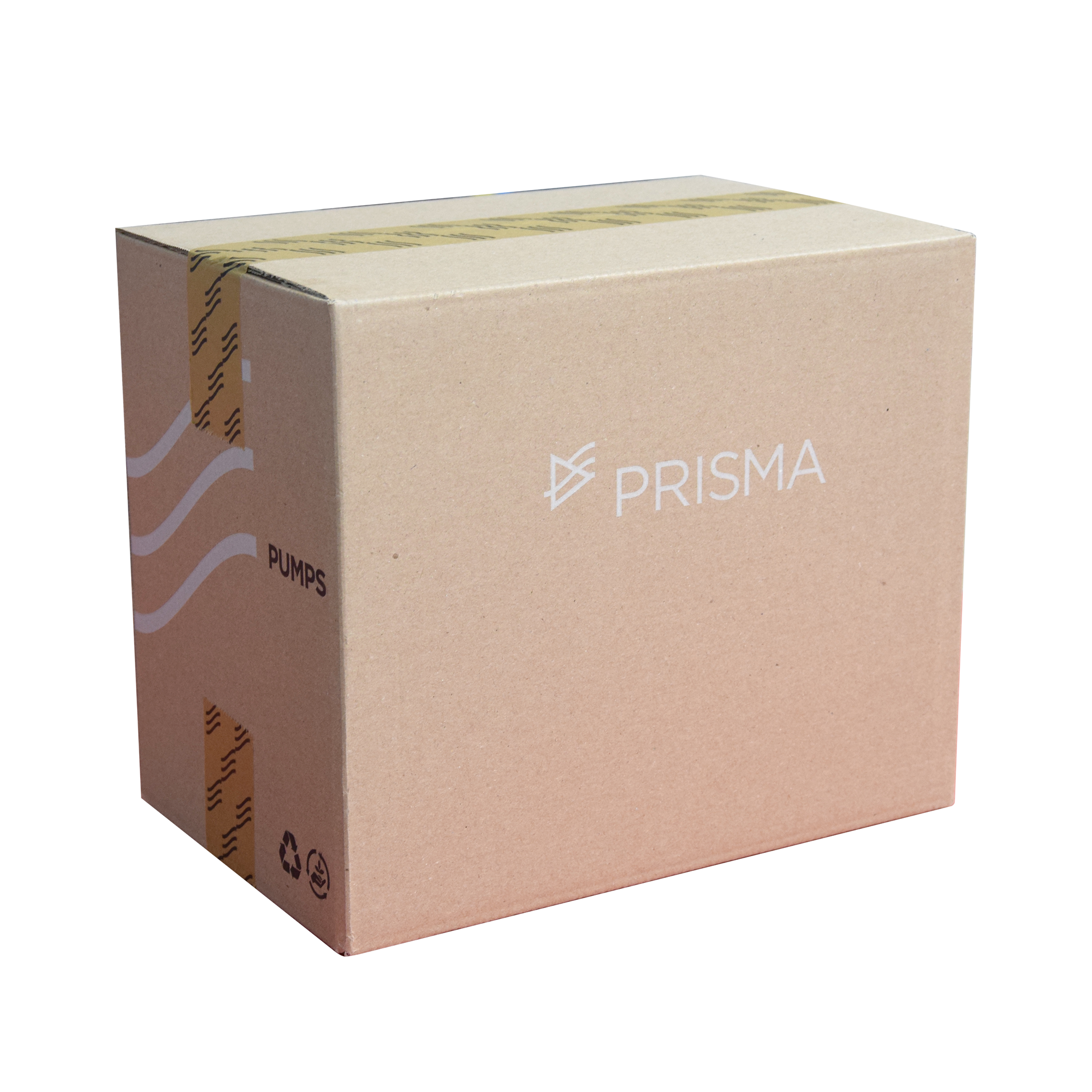 Dieses Bild zeigt die Verpackung der emec PRISMA Schrittmotor Dosierpumpe, einschließlich des Kartons mit Produktkennzeichnung