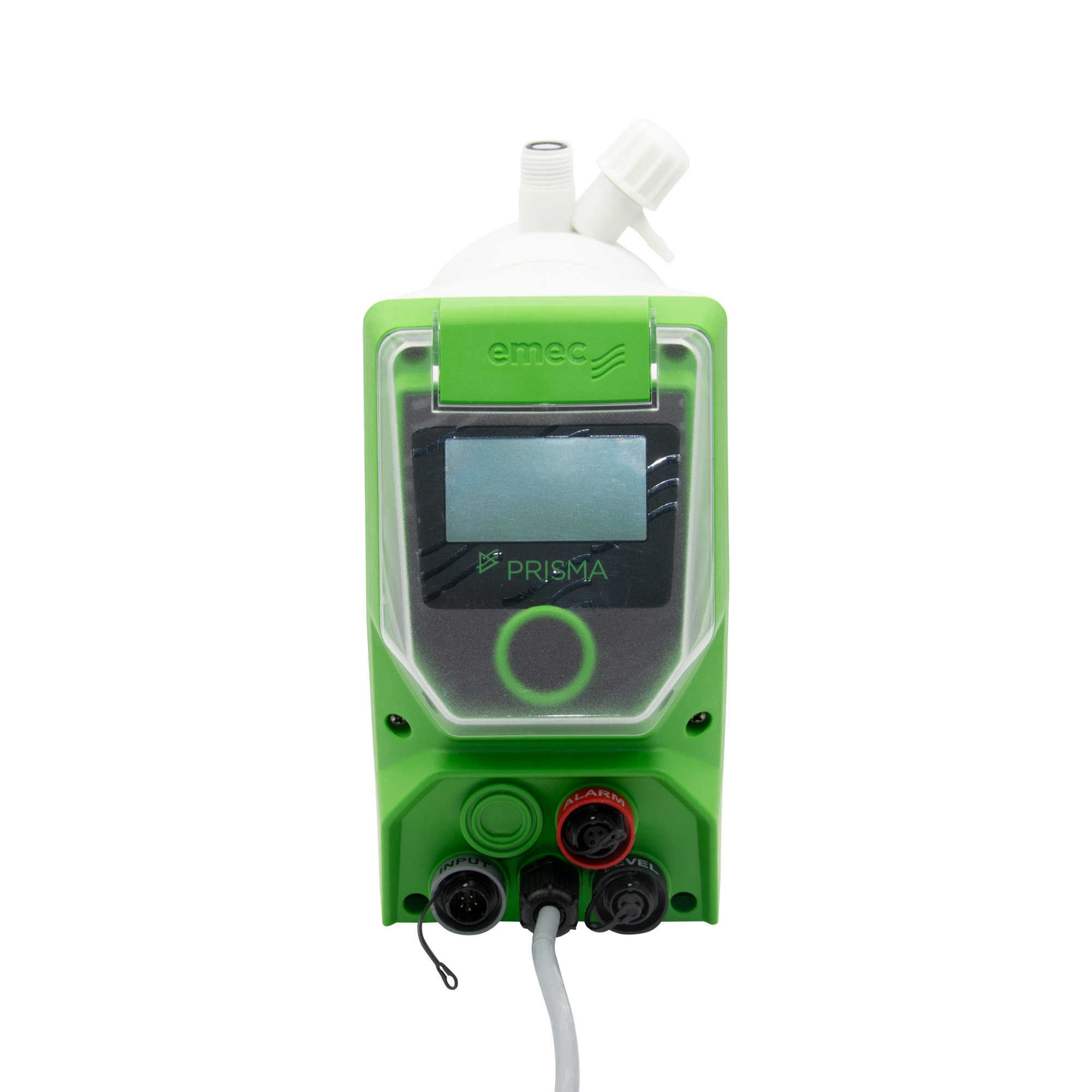 emec Prisma Schrittmotor Dosierpumpe, Frontalansicht, geschlossene Schutzkappe, Schrittmotor und Bedienelemente