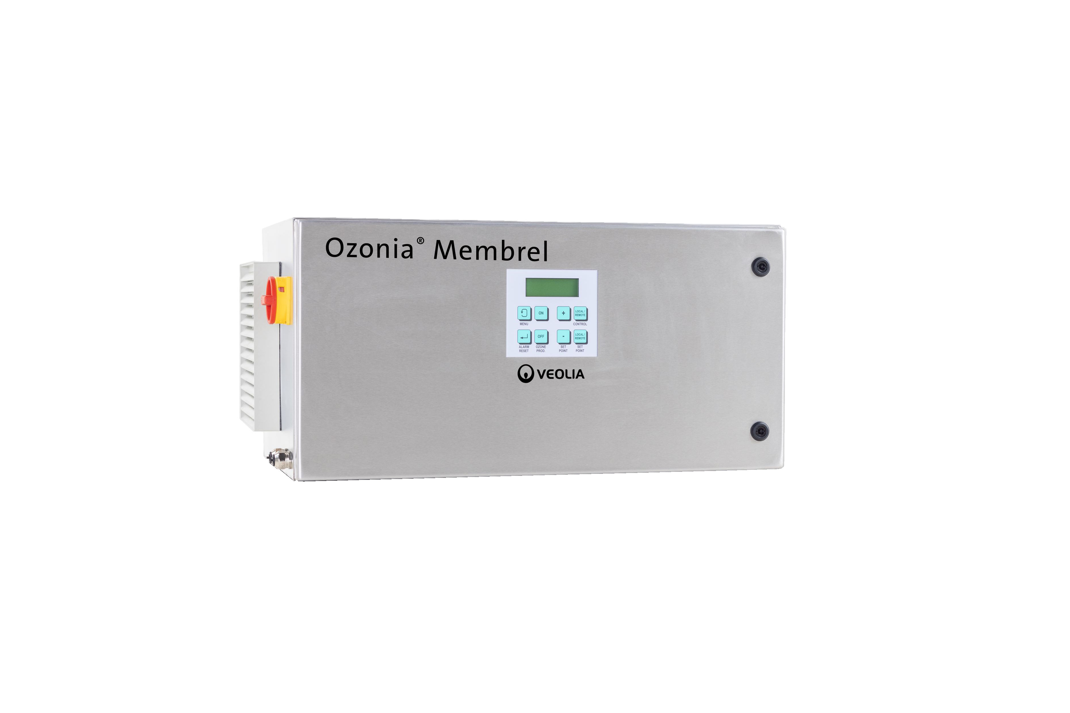 Ozonia Membrel MkV-K-2, Nahaufnahme des Steuerpanels, präzise Ozonleistungsregelung von 8–100%, seitlich mit TriClamp- und SERTO-Anschlüssen, einfache Integration in Ringleitungssysteme