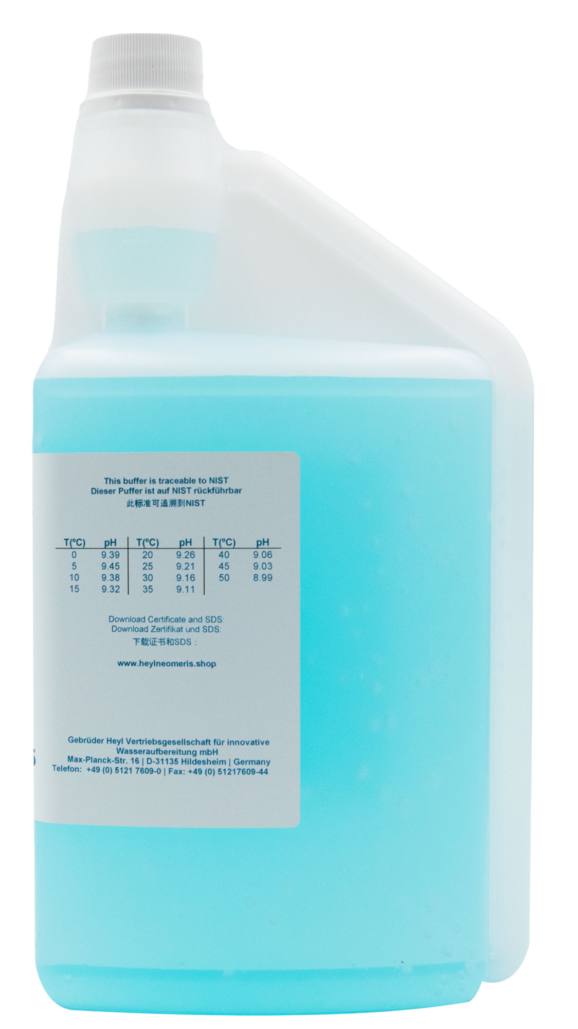 Neomeris pH 9.21 Pufferlösung Frontansicht, 1 Liter Flasche mit blauer Flüssigkeit