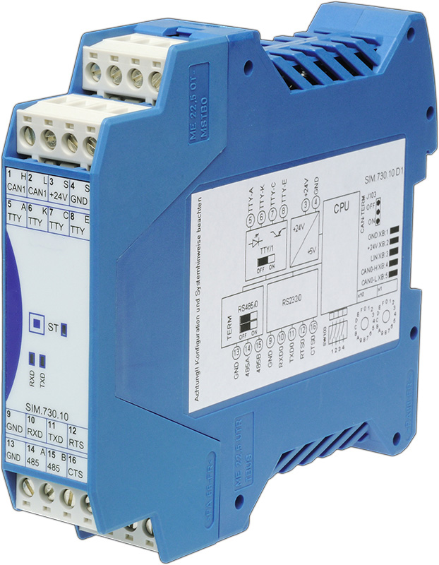 NeoTec Slave RS232 seitliche Ansicht mit Beschriftung an der Seite, kompakte Bauform zur Hutschienenmontage