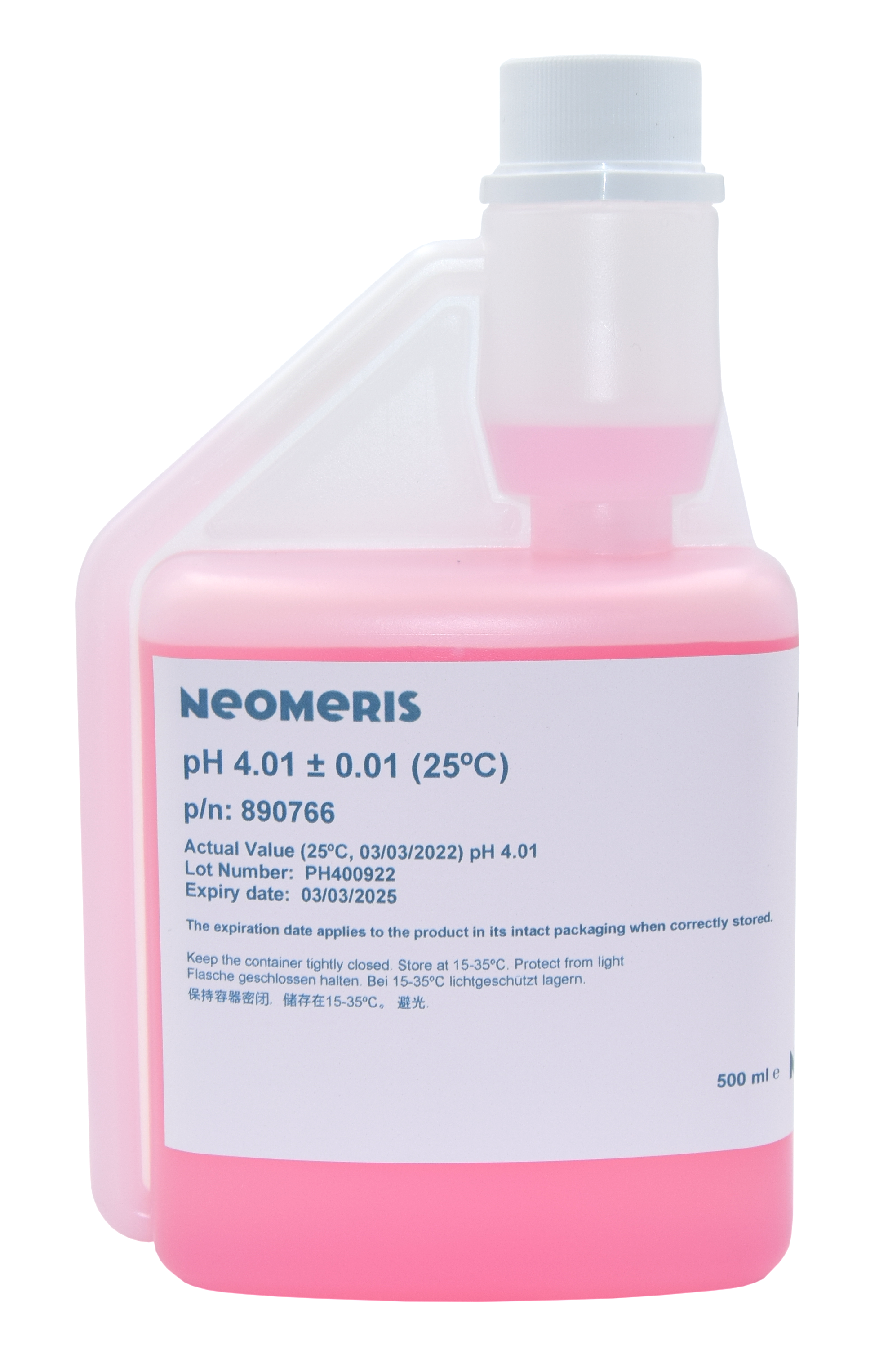 Neomeris pH buffer solution pH 4.01 Pufferlösungcht 500 ml Flasche, Frontansi mit weißem Hygieneverschluss pH 4.01