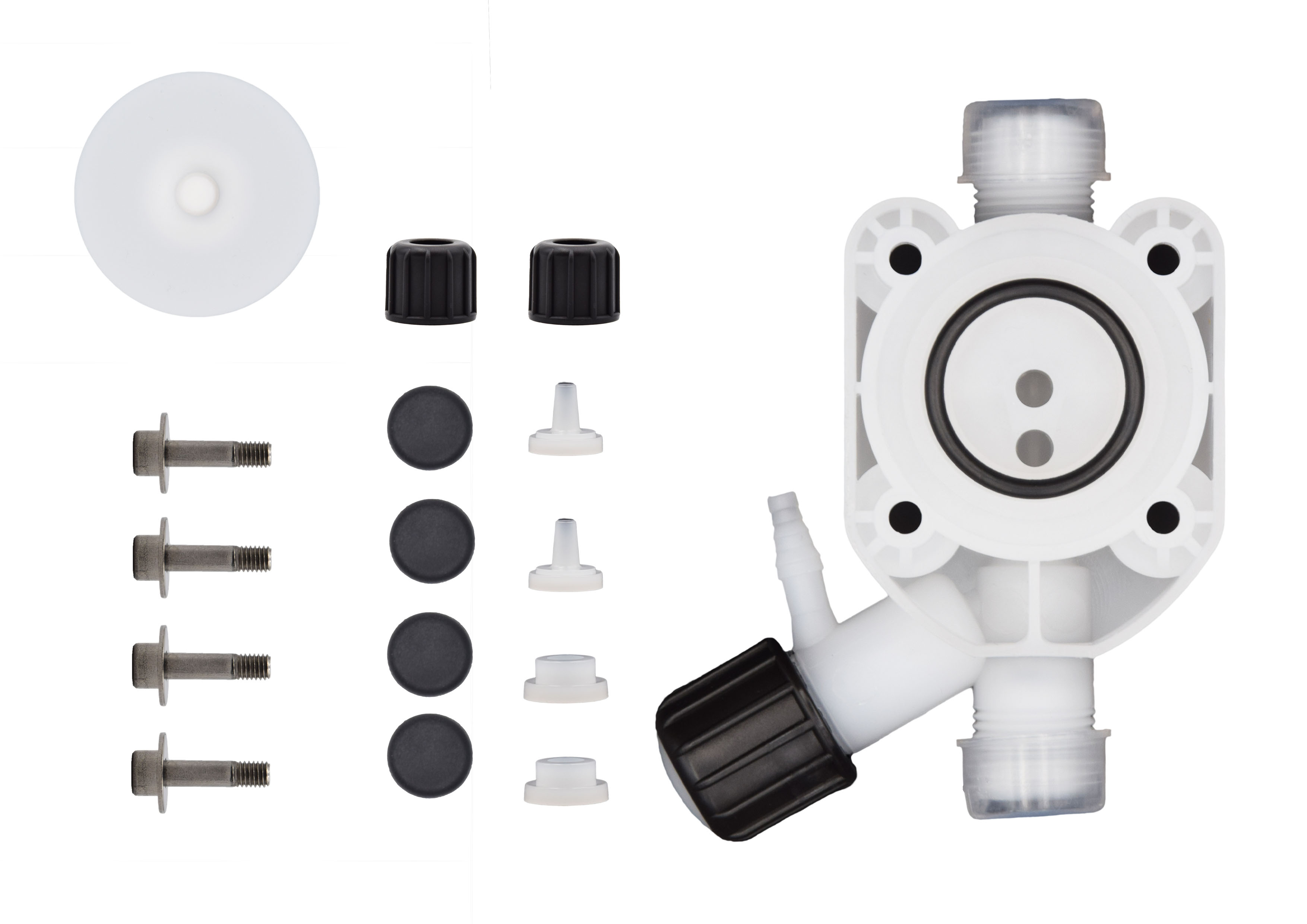 emec VMS pump service Set J - PVDF pump head, Viton seal and PTFE diaphragm emec VMS Pumpen Serviceset J – PVDF Pumpenkopf, Viton Dichtung, PTFE Membran, Edelstahl-Schrauben