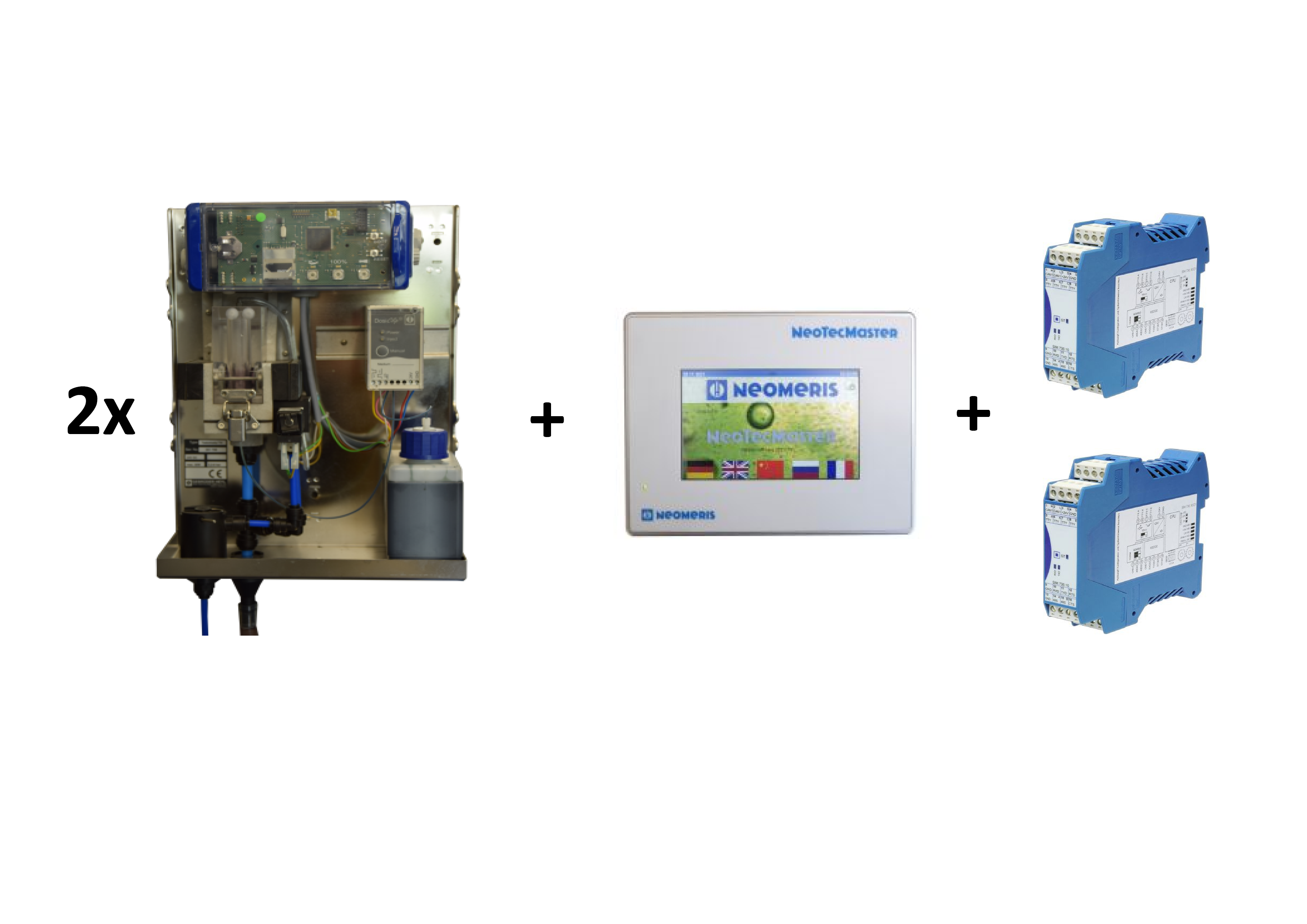 2x Testomat LAB TH mit NeoTecMaster, Detailansicht der Anschlüsse und Module, RS232- und Modbus-Schnittstellen