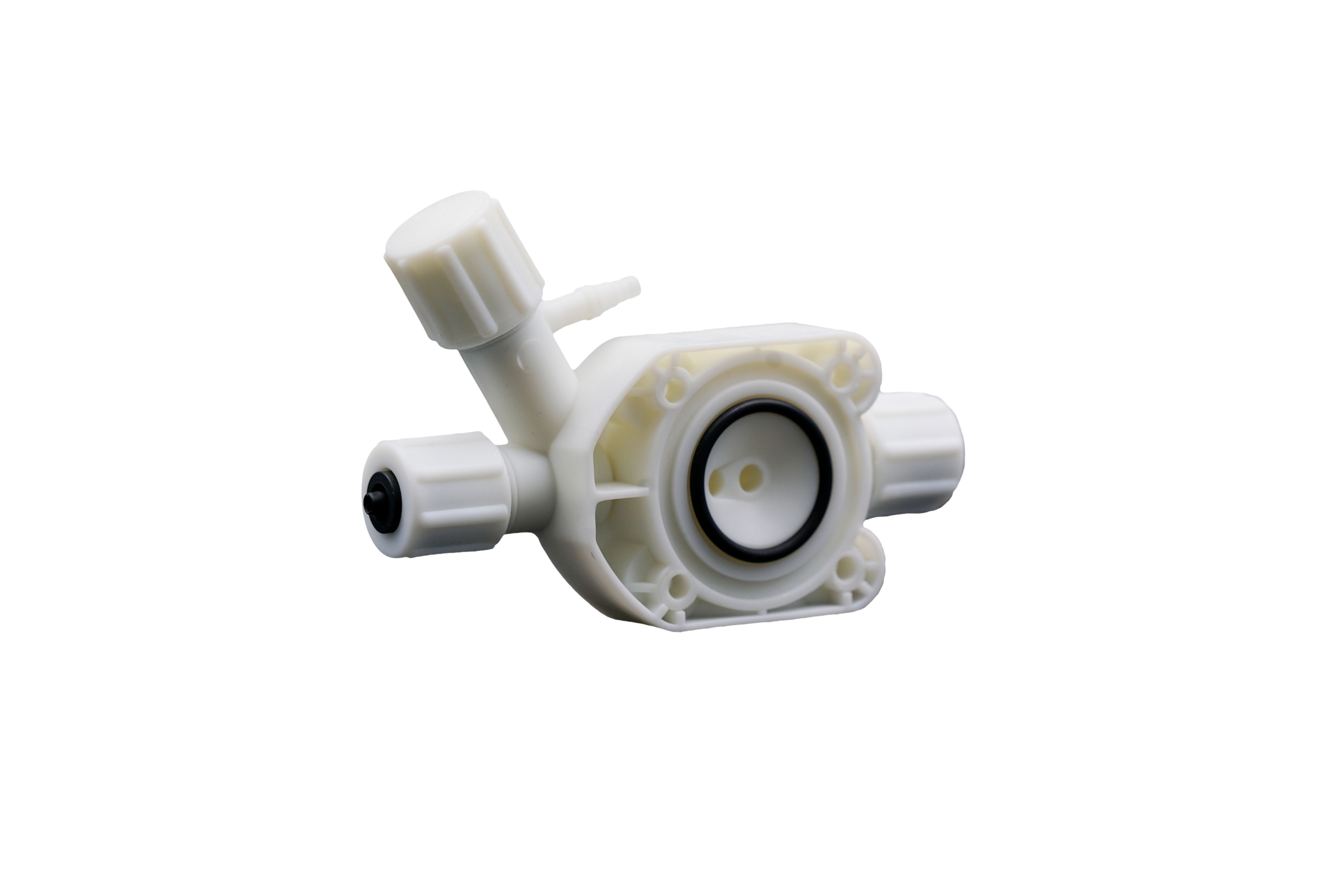 Detailansicht des PP Pumpenkopfs mit EPDM Dichtung und PTFE Membran