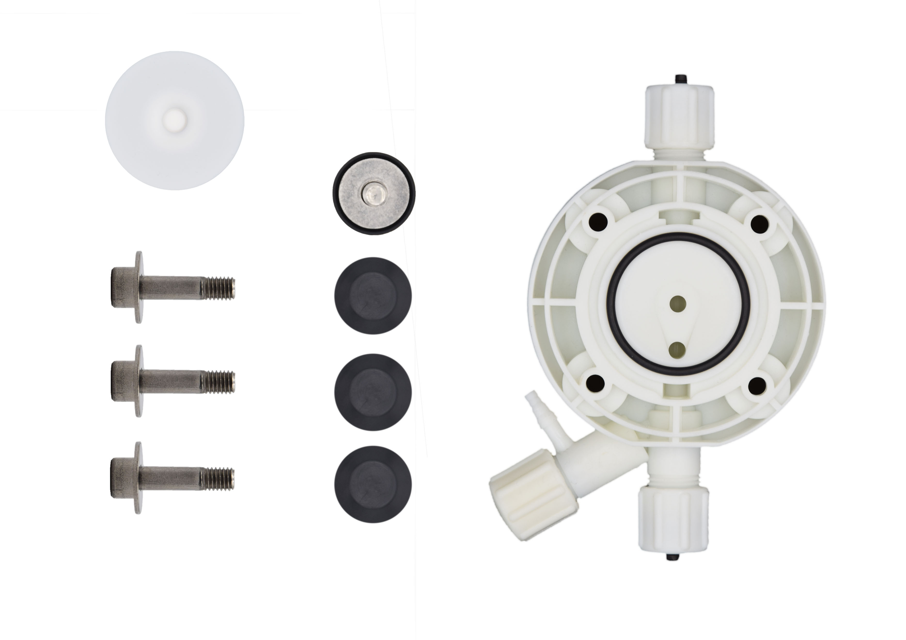 emec K-Plus Serviceset L, Komplettansicht des Sets mit PP Pumpenkopf, EPDM Dichtung, PTFE Membrane