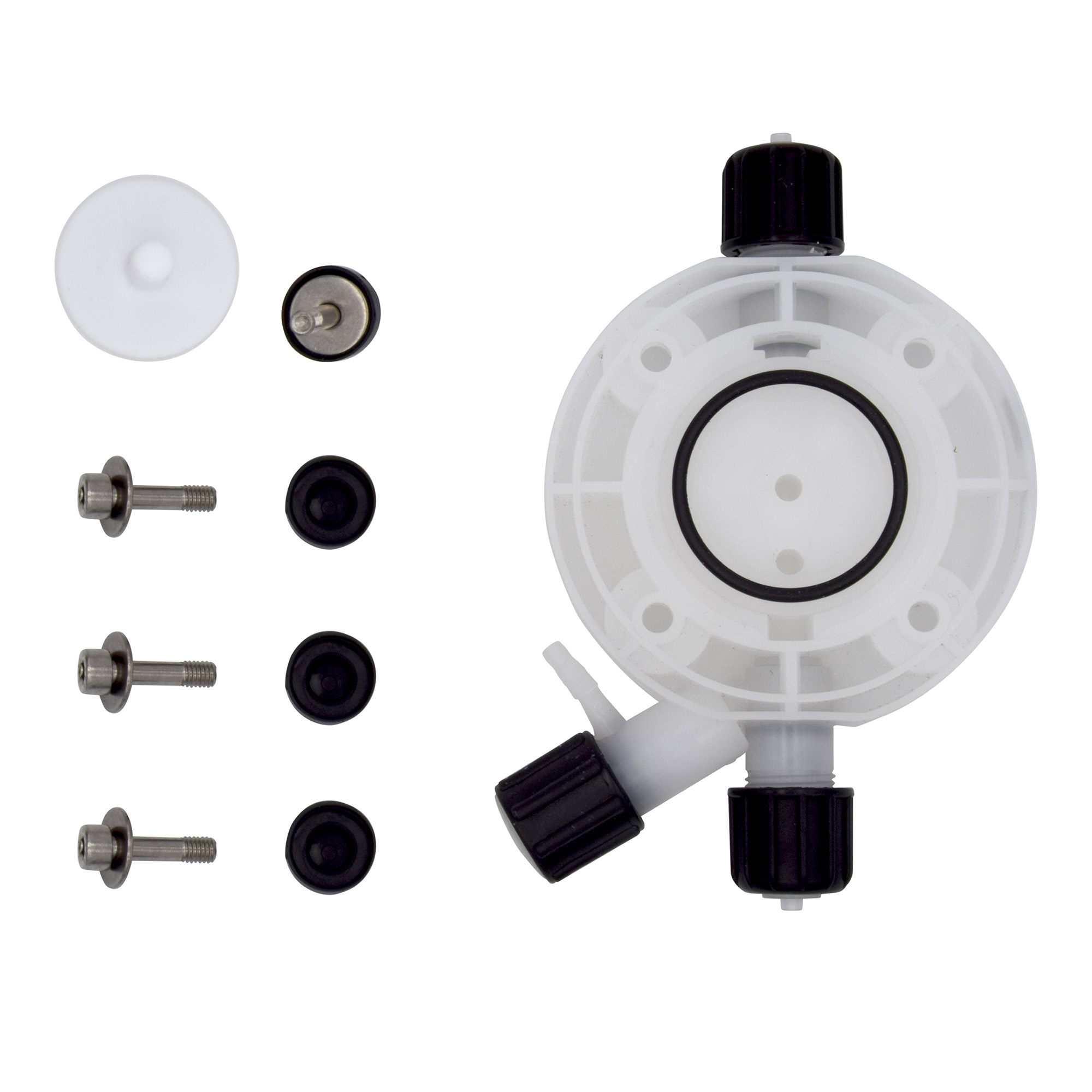 emec PRISMA Serviceset I, Komplettansicht des Pumpenkopfs mit Viton Dichtung und PTFE Membrane