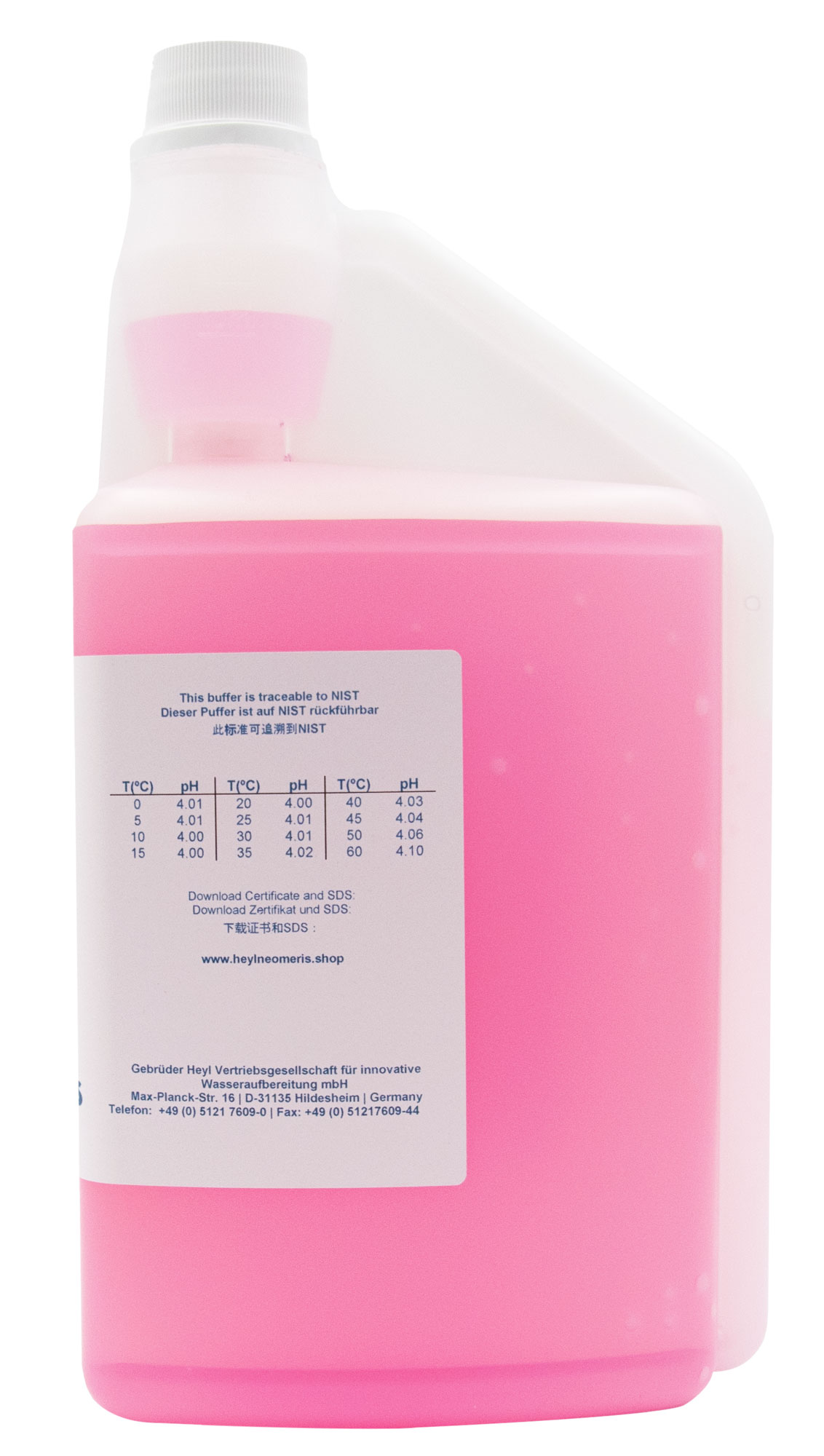 pH-Pufferlösung 4.01 pink, 1 Liter Flasche mit Hygiene-Verschluss, Rückansicht