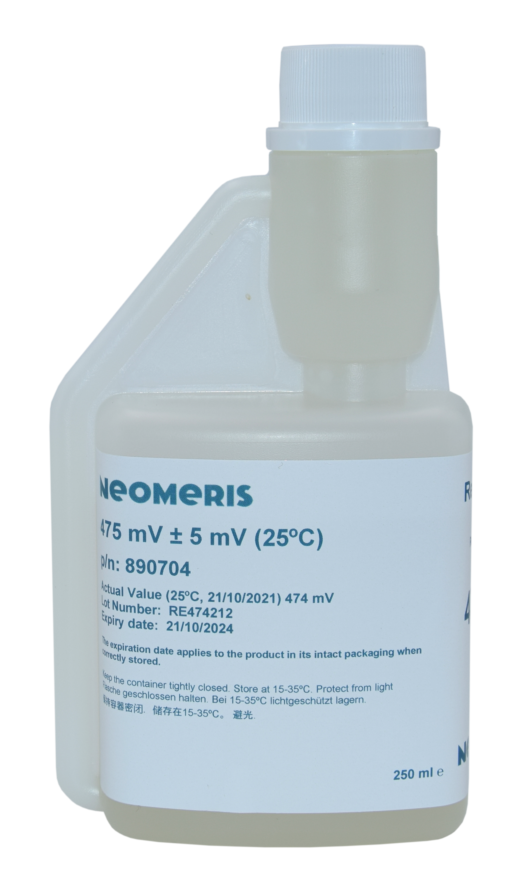 Neomeris redox buffer solution 475 mV Redox Pufferlösung, Frontansicht der 250 ml Flasche mit hygienischem Verschluss, Kalibrierlösung