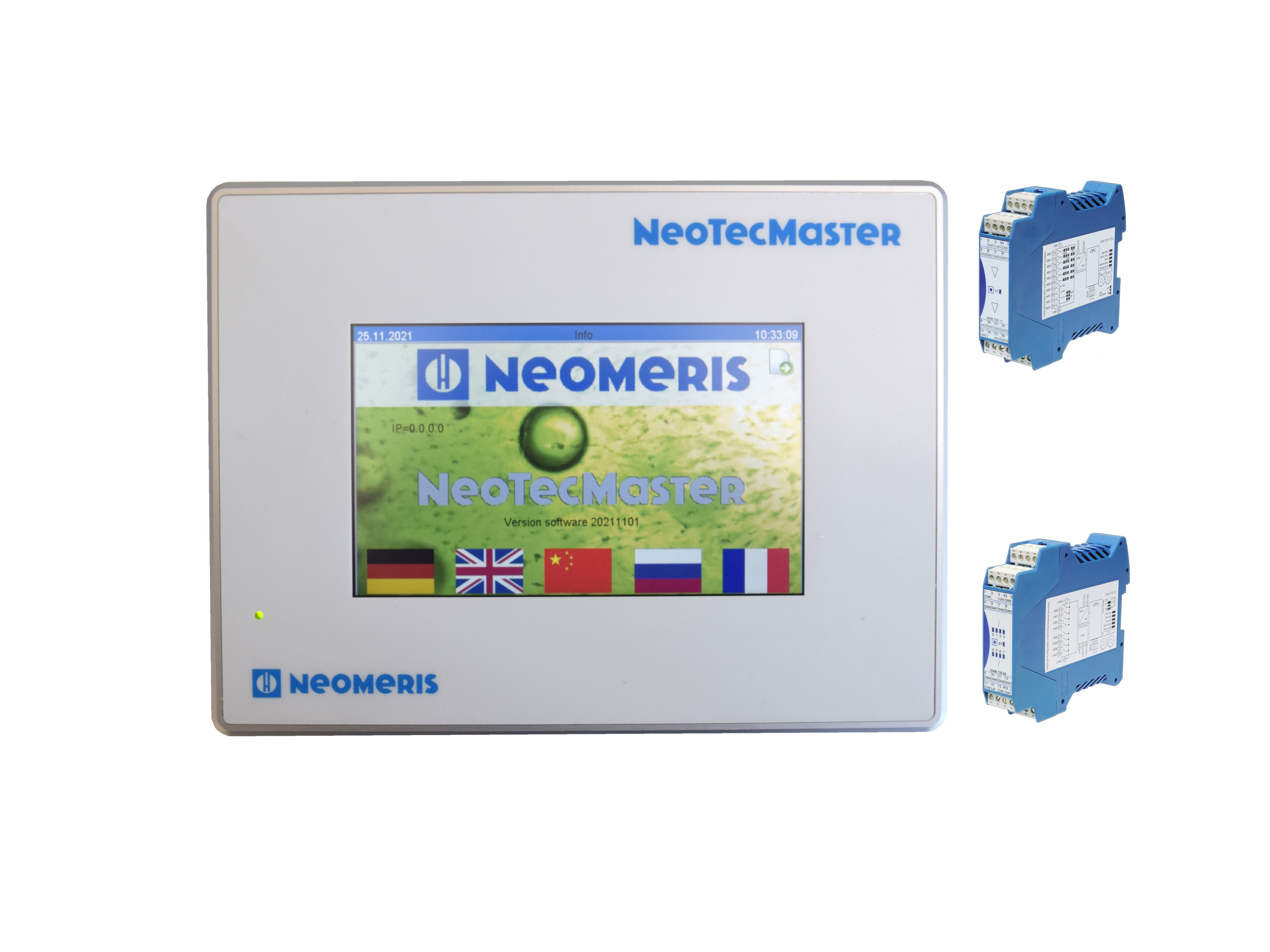 NeoTecMaster® Slave 4 20 mA Modul mit Relaisplatine, Modulansicht mit Anschlüssen, Seitenansicht Modulbaugruppe, Steuerungsmodul mit 8-fach 24 VDC Relaisschnittstelle, Industrielles Slave Modul 4 20 mA