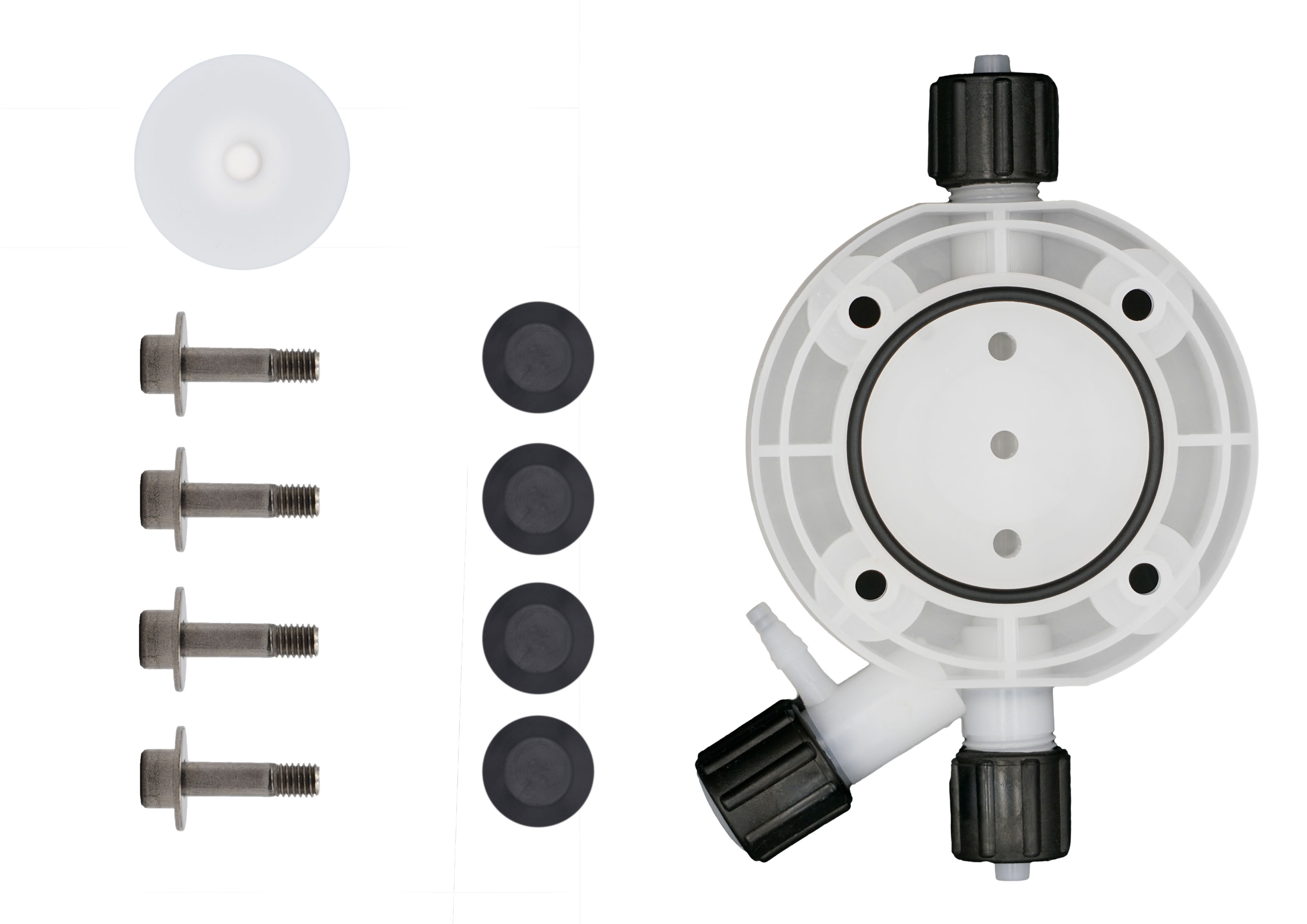 emec K-Plus Serviceset M, Komplettansicht mit PVDF Pumpenkopf, Viton Dichtung, PTFE Membrane
