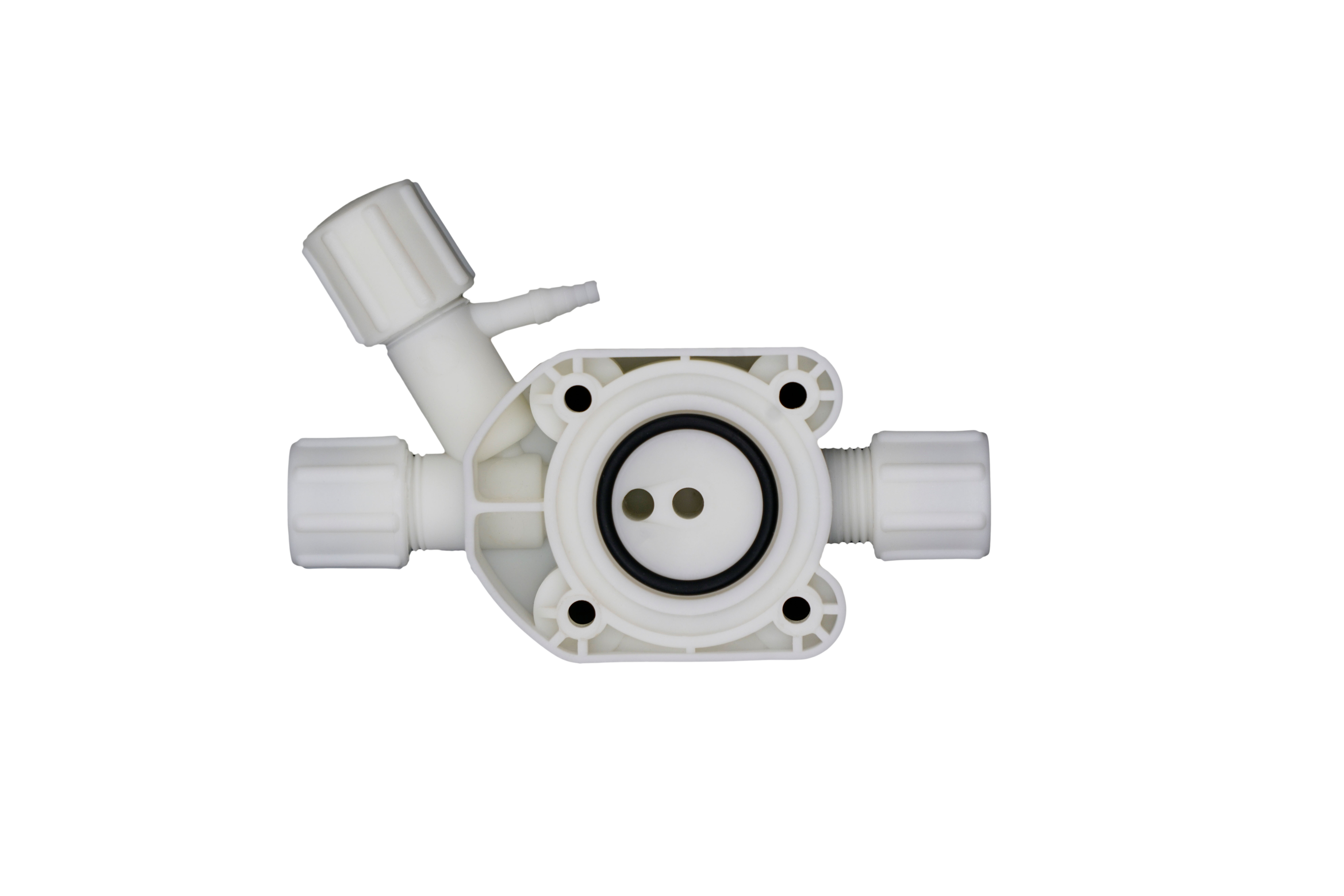 Detailaufnahme des PP Dosierkopfs mit EPDM Dichtung und PTFE Membran