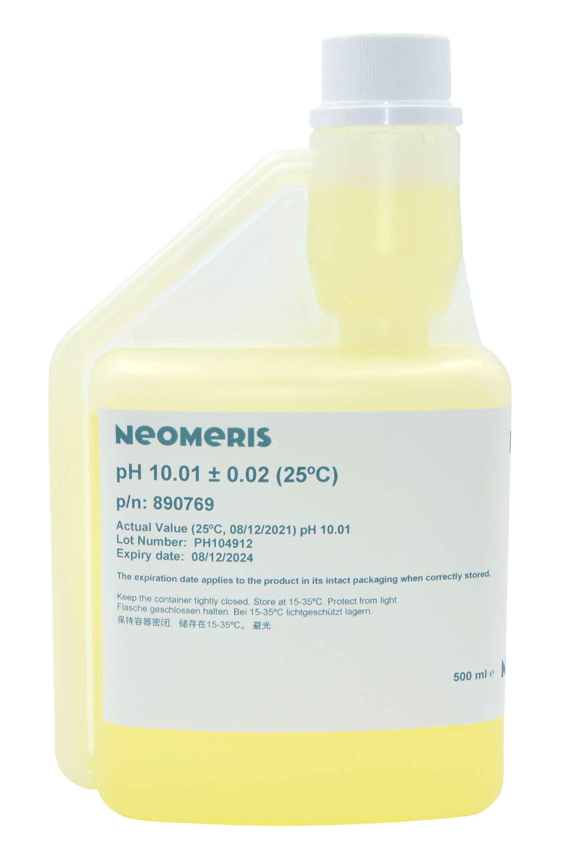 Neomeris pH buffer solution pH 10.01 pH. 10.01 Pufferlösung 500 ml Flasche, transparente Kunststoffflasche mit weißem Schraubverschluss