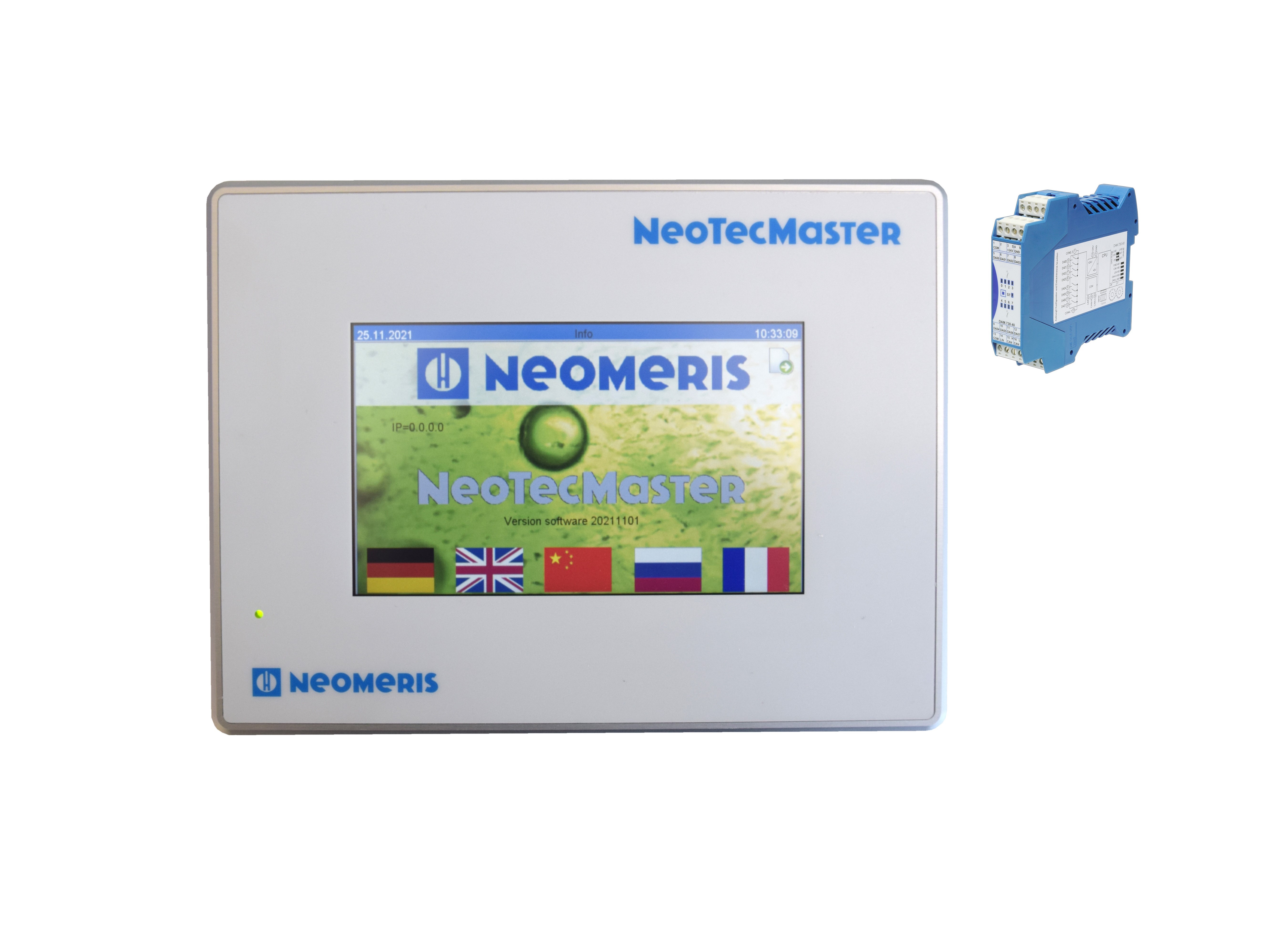 NeoTecMaster Relais Slave Modul, Frontansicht mit Schraubklemmen, 8 potentialfreie Ausgänge, kompaktes 24 V Gehäuse, Erweiterungsmodul für Steuerung