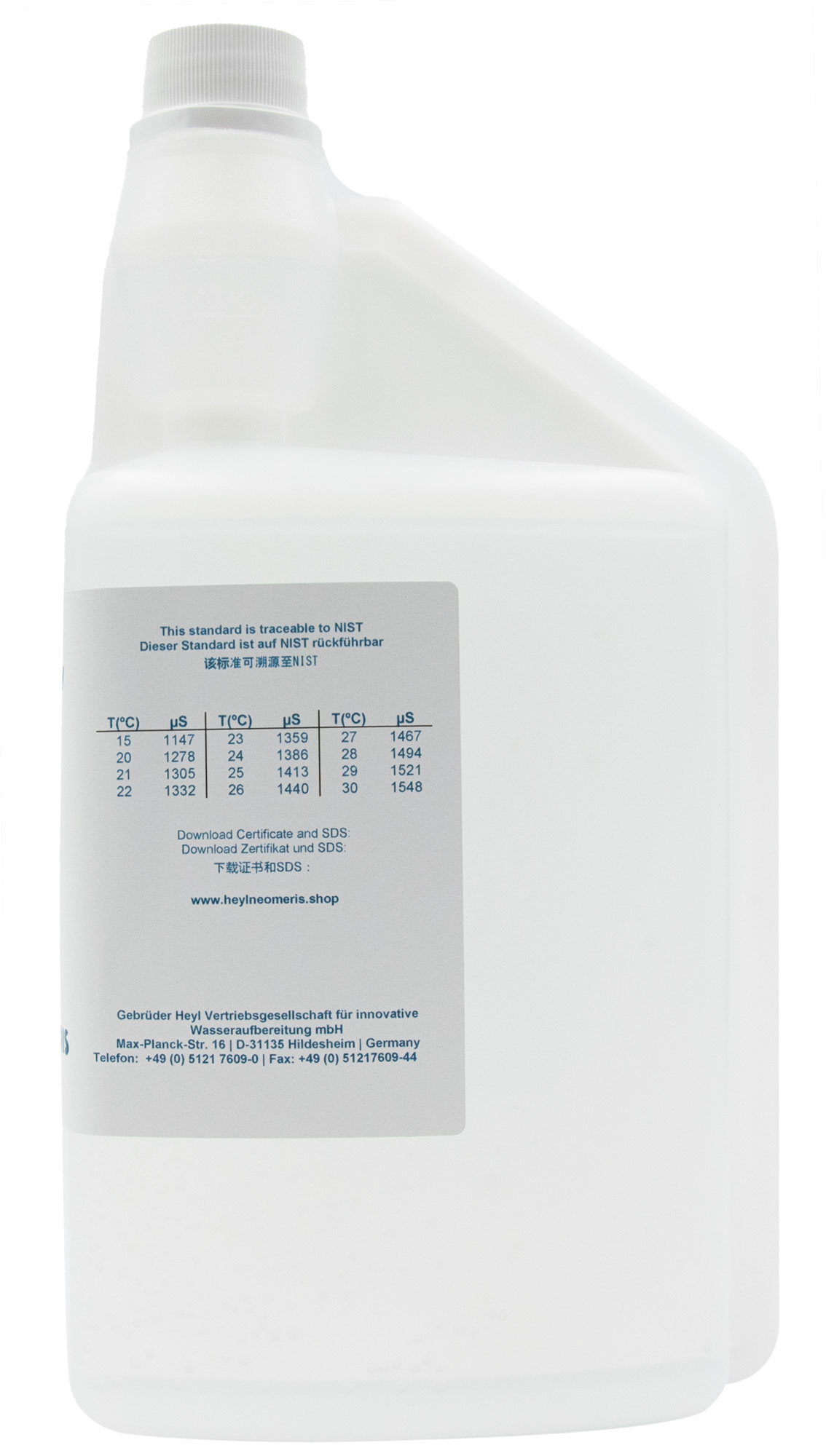 1413 μS/cm Leitfähigkeitskalibrierlösung 1000 ml Flasche Rückansicht, transparenter Hygieneverschluss, klare Flüssigkeit