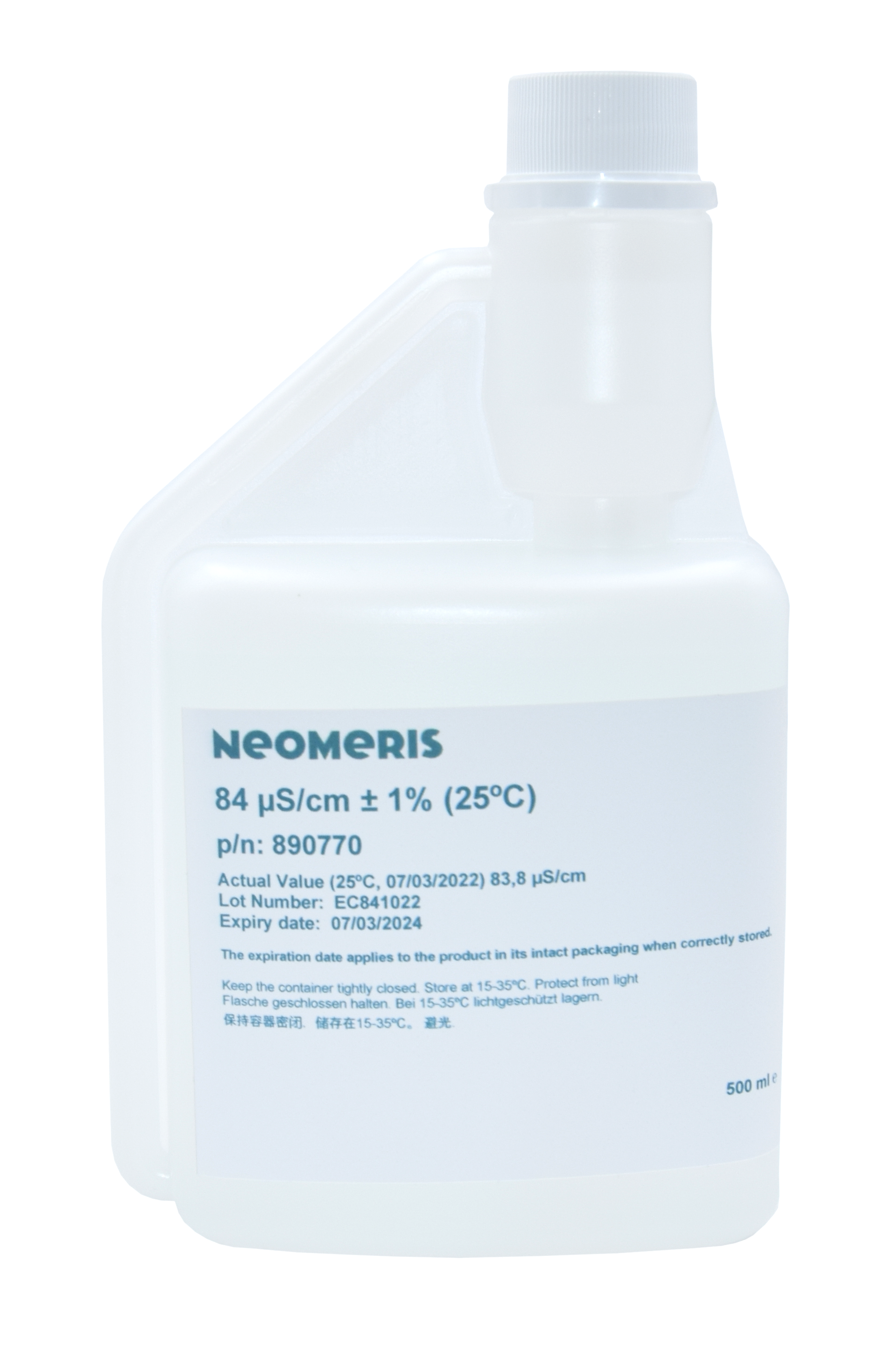 Neomeris conductivity calibration solution 84 μS/cm Leitfähigkeitskalibrierlösung 500 ml Flasche, transparente Kunststoffflasche mit weißem Schraubverschluss