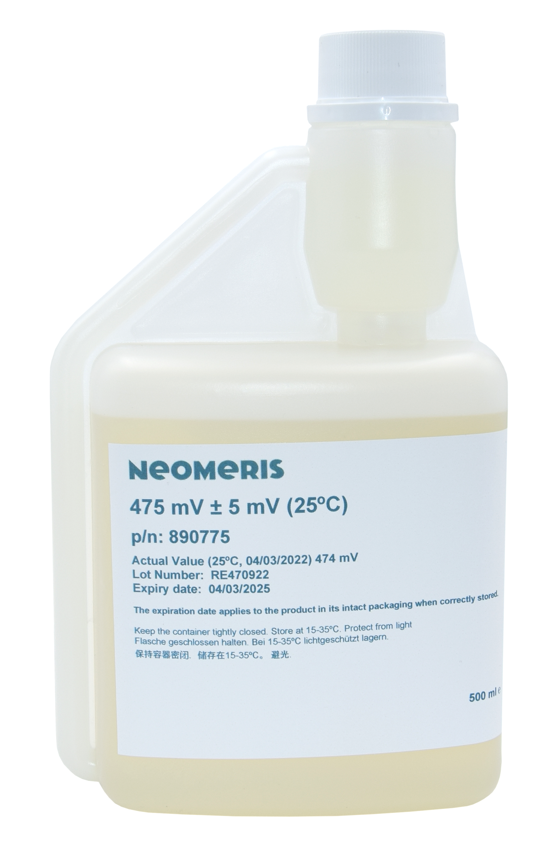 Neomeris redox buffer solution 475 mV Redox Pufferlösung 475 mV, Frontansicht der 500 ml Flasche mit blassgelber Flüssigkeit und blauem Etiketttext