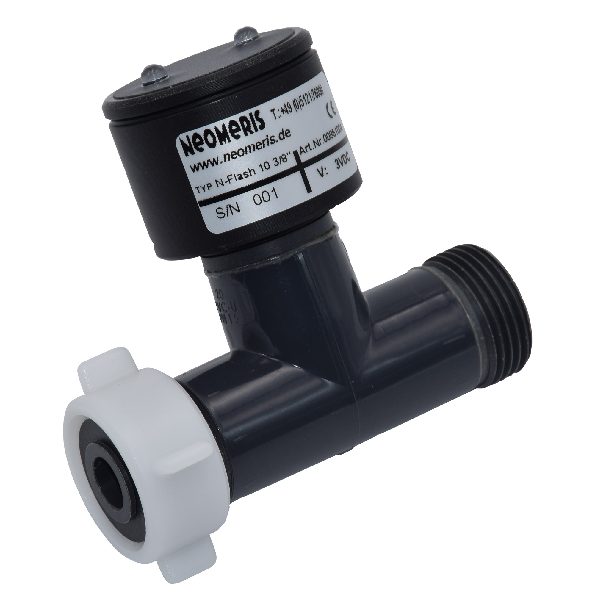 N-FLASH10 Conductivity meter in T-piece, 0-10 μS/cm with 2 LEDs, battery-operated, max. 60°C N-FLASH10 Leitfähigkeitsmessgerät im T-Stück mit sichtbar angebauter LED-Anzeige