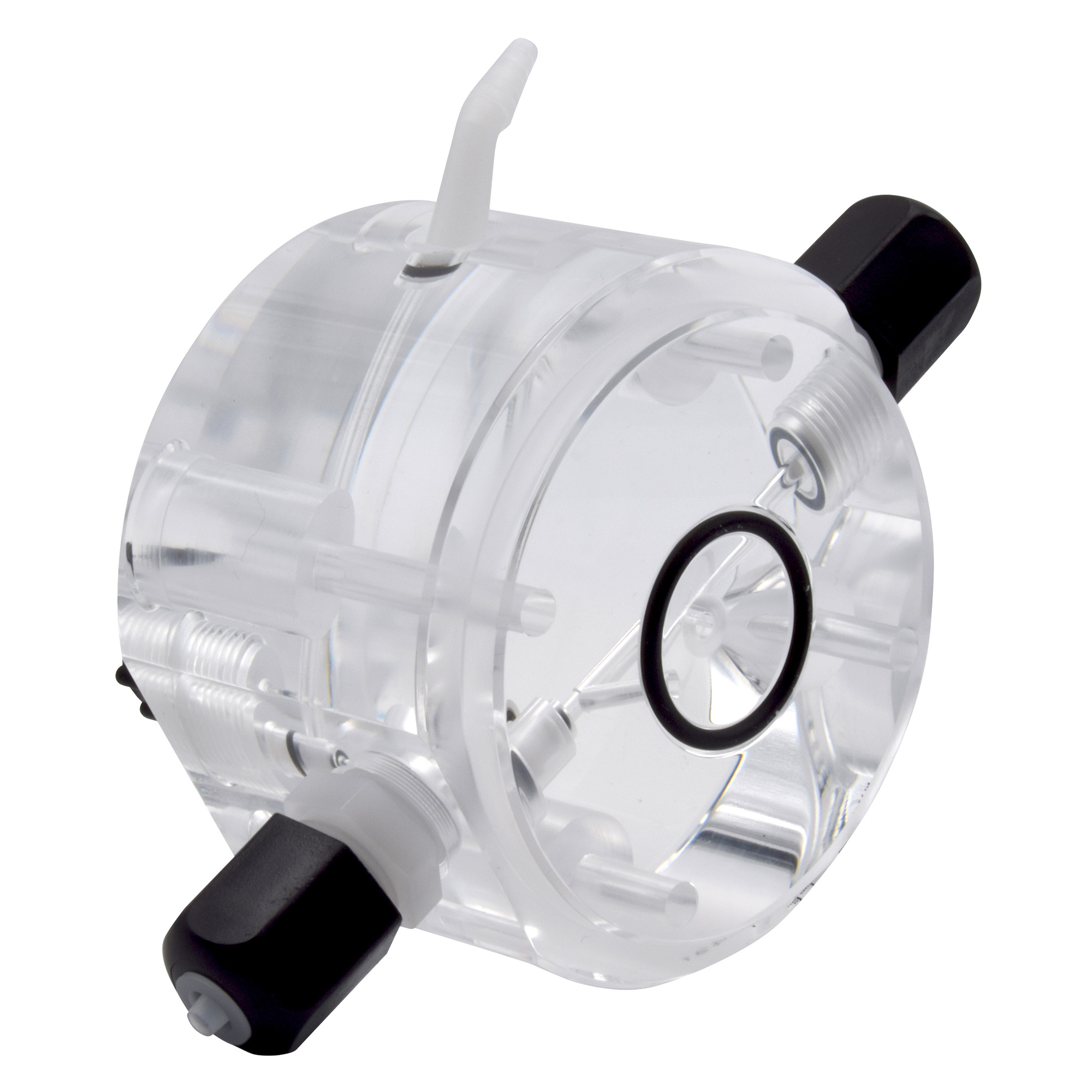 Seitenansicht des emec PRISMA Service-Sets M, PMMA Pumpenkopf mit Viton Dichtung und PTFE Membrane