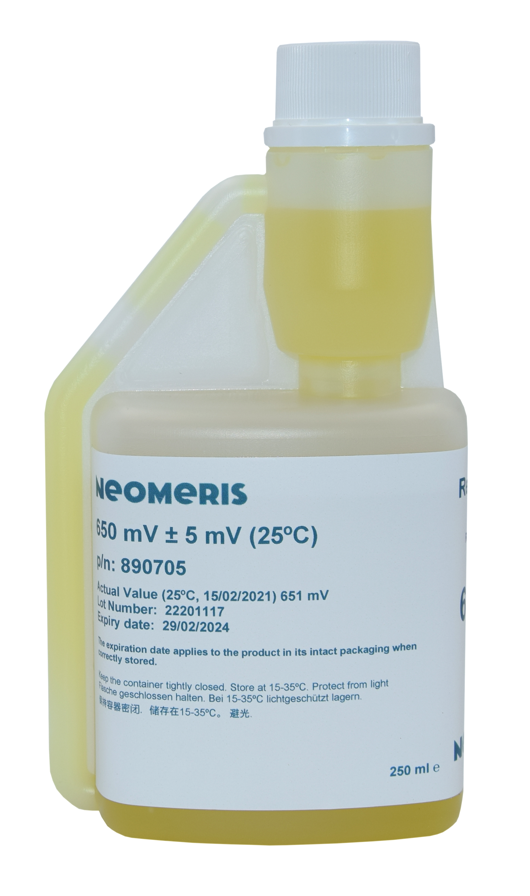 Neomeris redox buffer solution 650 mV Redox Pufferlösung, Frontansicht der 250 ml Flasche mit rotem Hygieneverschluss, Kalibrierlösung für Redox Elektroden