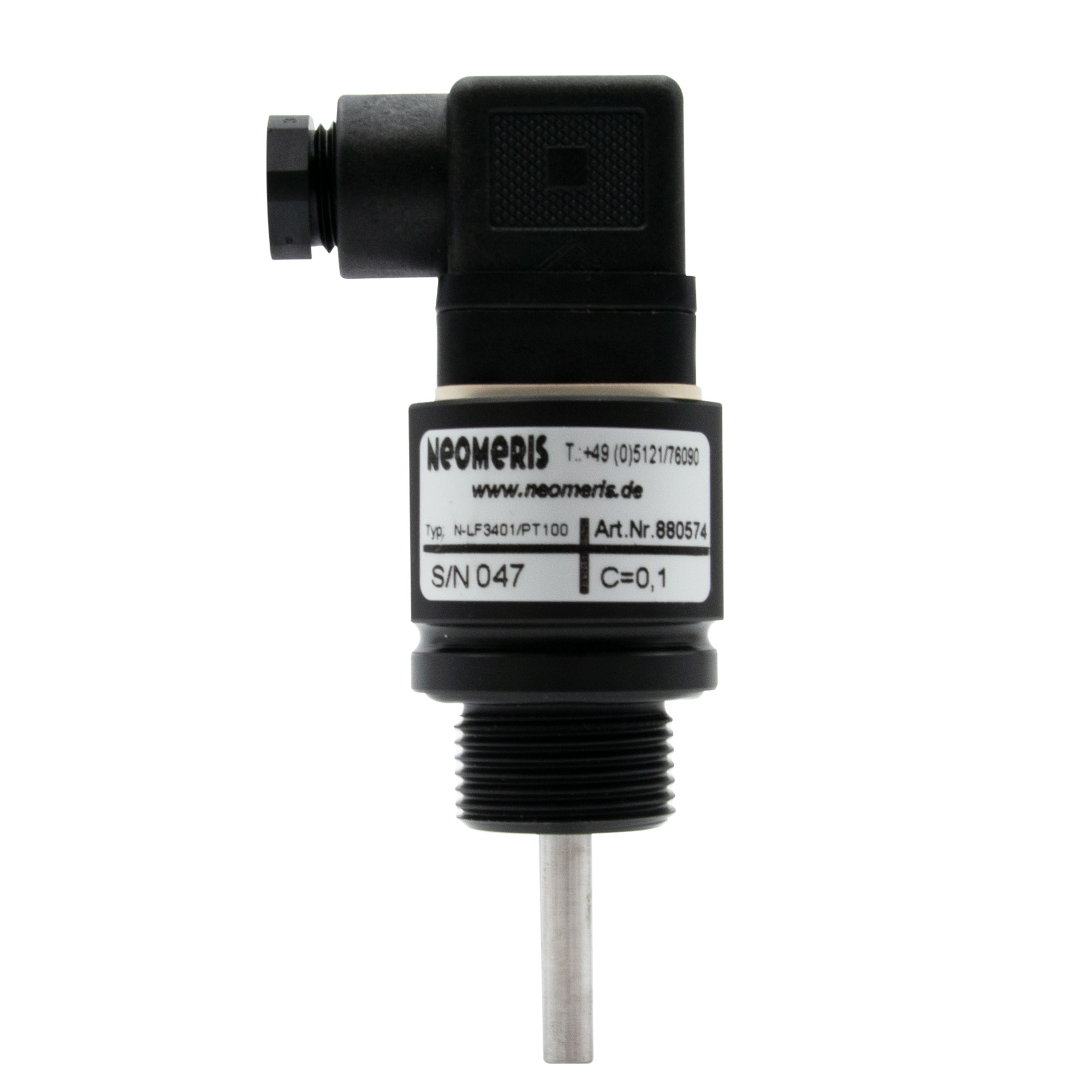 N-LF3401 conductivity measuring cell C=0.1 with PT100, 3/4 inch screw-in cell and solenoid valve connector N-LF3401 Leitfähigkeits-Messzelle seitliche Ansicht, 3/4 Zoll Einschraubgewinde, POM-Gehäuse