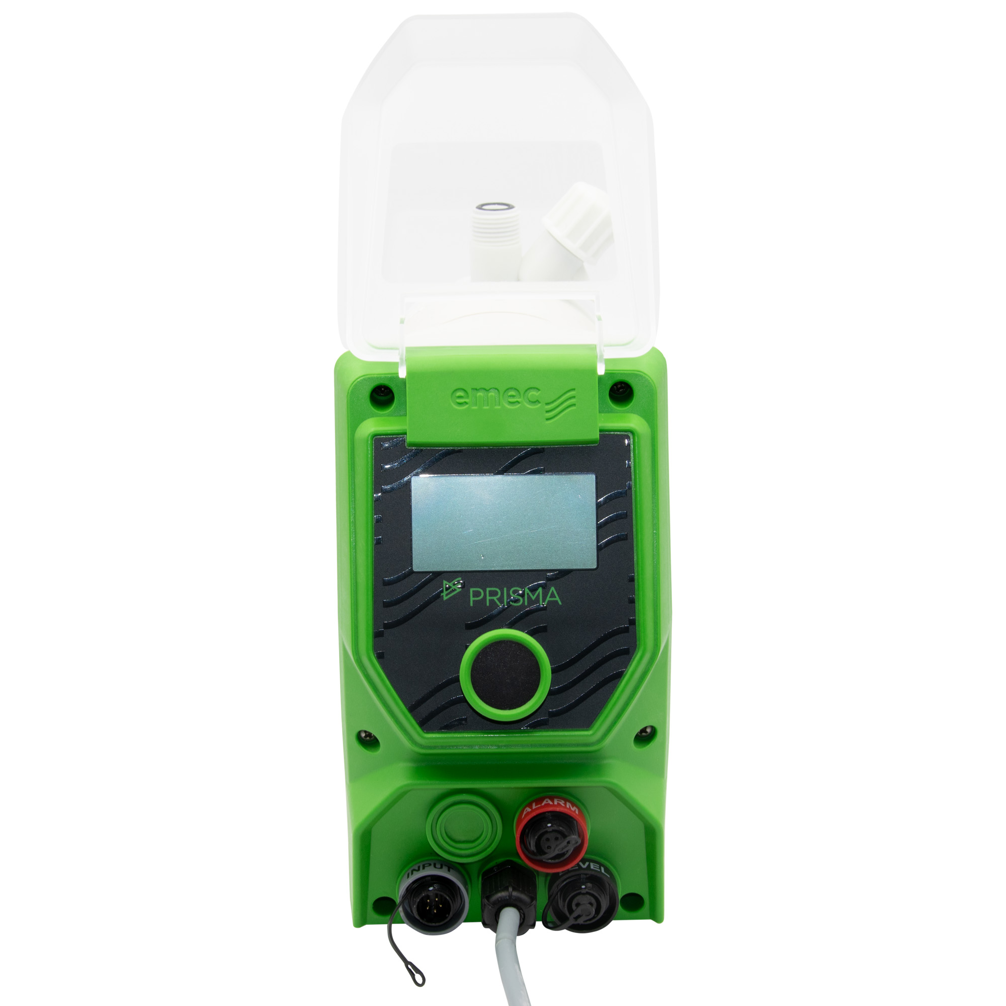 emec Prisma Schrittmotor Dosierpumpe, Frontalansicht, offene Schutzkappe, Schrittmotor, Anschlüsse, Bedienfeld und Display