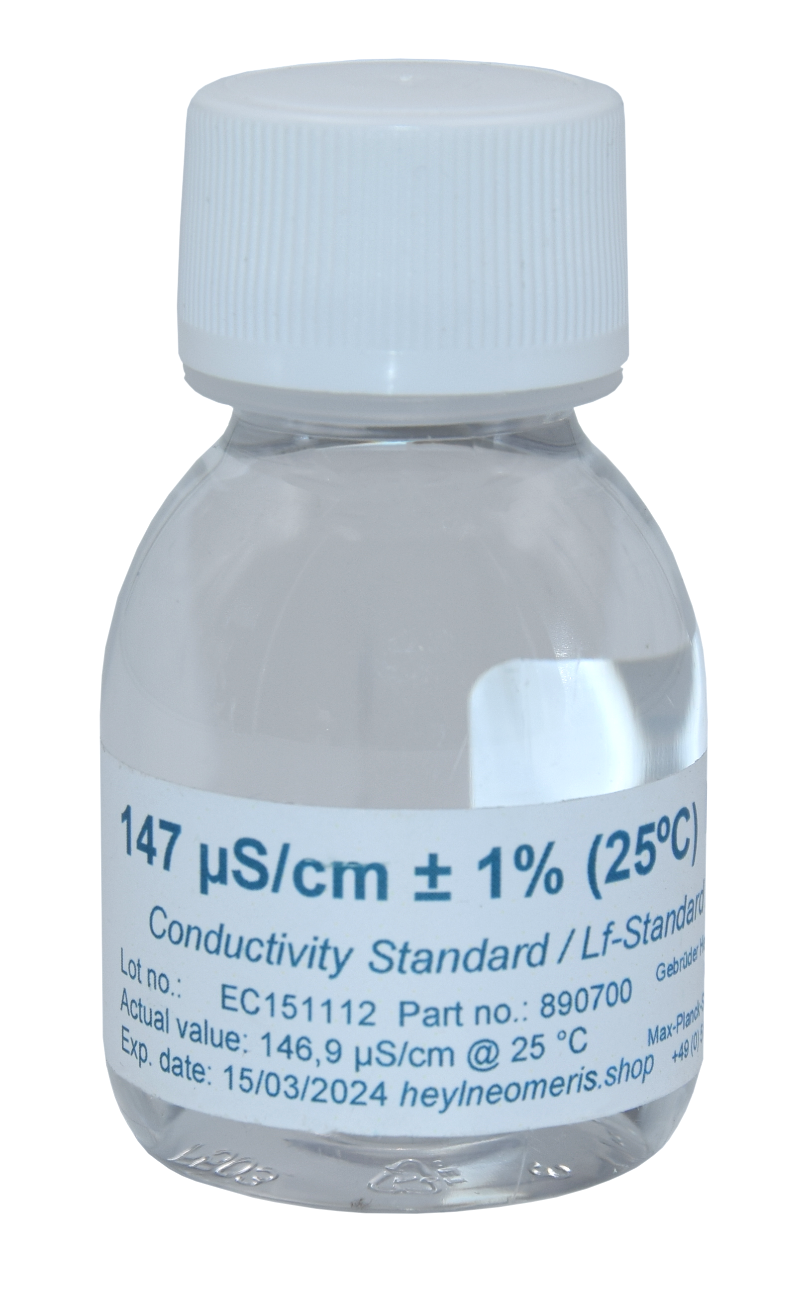 Leitfähigkeitskalibrierlösung, Frontansicht der 70 ml Kunststoffflasche mit Schraubverschluss, für Elektrodenkalibrierung