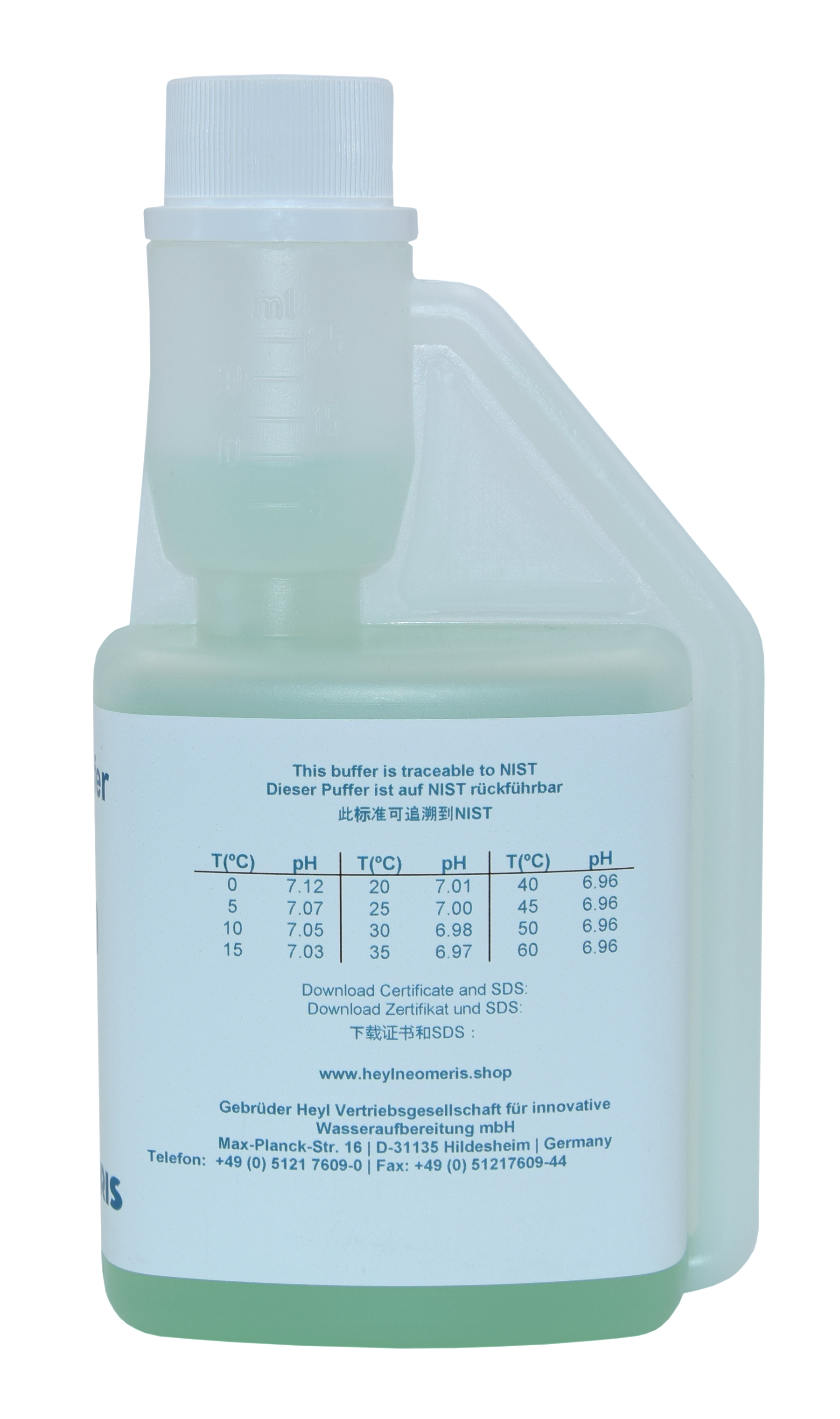 Pufferlösung pH 7.00 Flasche mit Rückansicht , grüne Flüssigkeit sichtbar, Hygieneverschluss