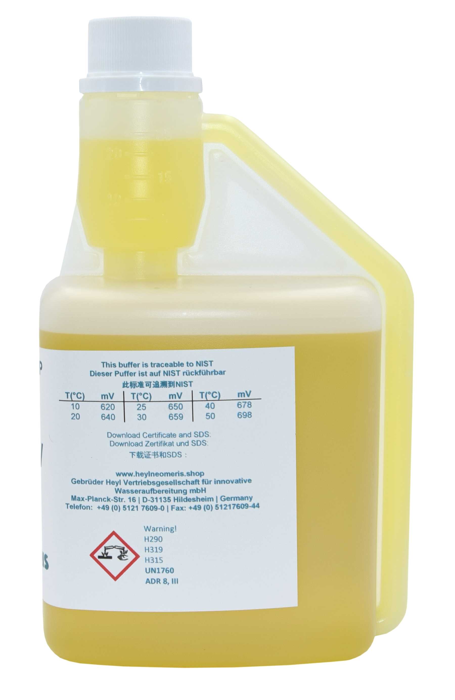 Redox Pufferlösung 650 mV, Seitenansicht der 500 ml Flasche mit gelblicher Flüssigkeit und blauem Etikett text