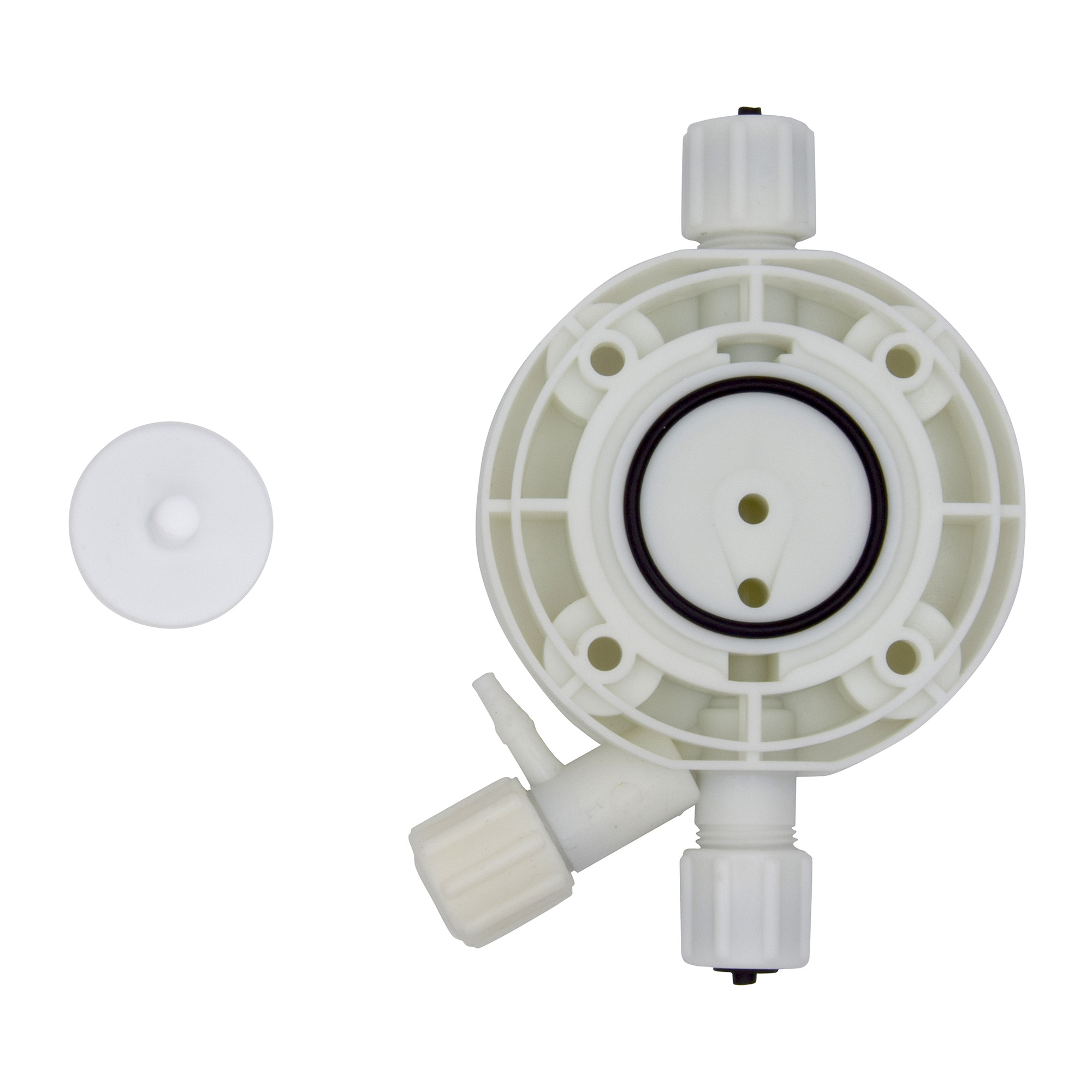 emec PRISMA Serviceset L, Komplettansicht des PP-Pumpenkopfs mit EPDM-Dichtung und PTFE-Membrane
