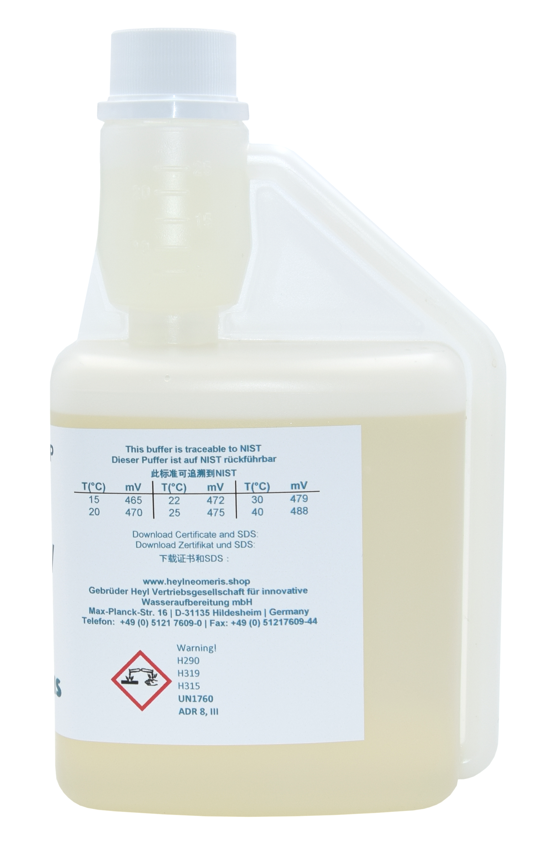 Redox Pufferlösung 475 mV, transparente Flasche mit bananenmilchgelber Lösung und blauer Beschriftung