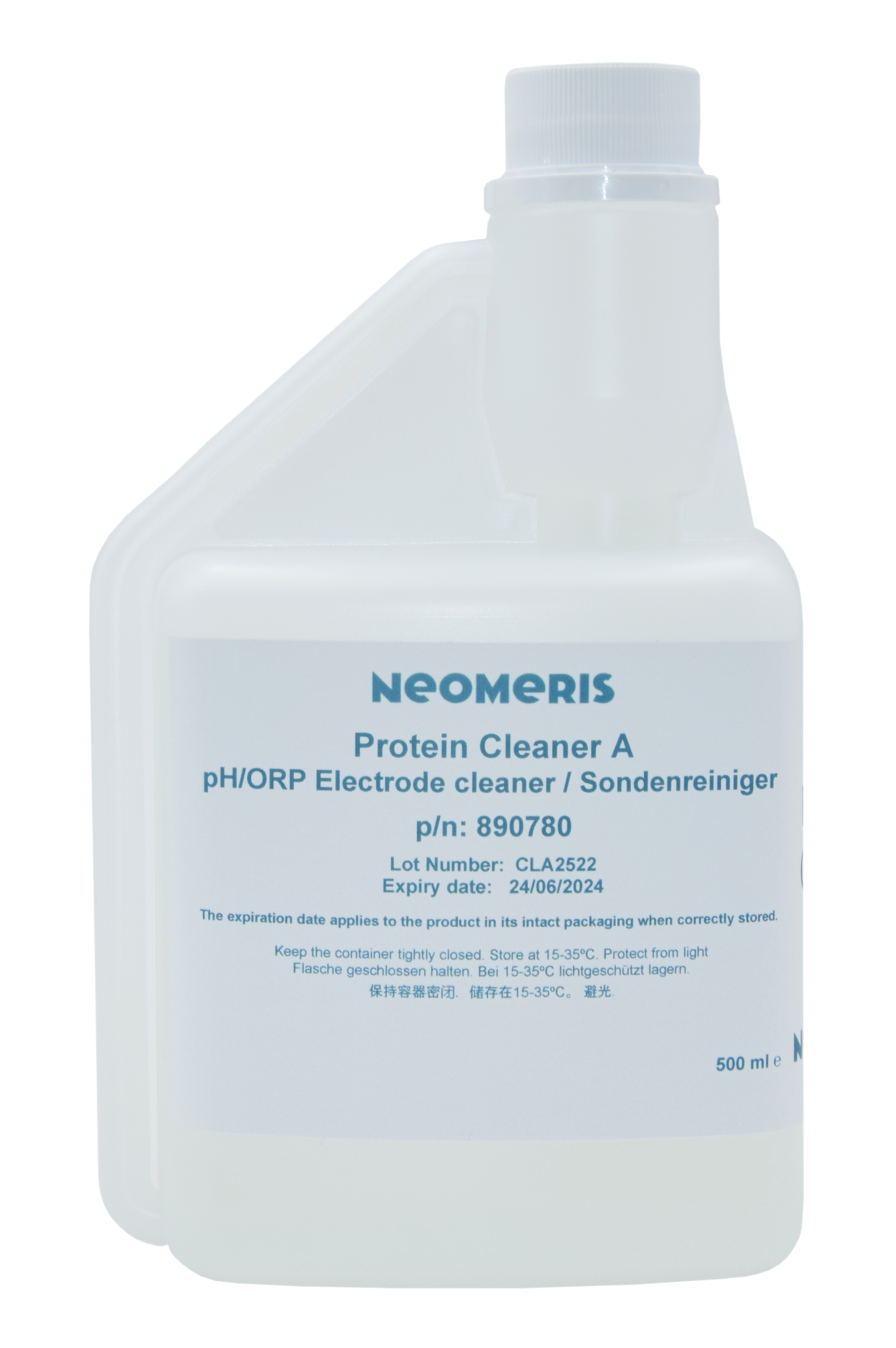Neomeris Reinigungslösung für pH- und Redox-Elektroden (Pepsin) - Sondenreiniger Reinigungslösung für pH- und Redox-Elektroden, Frontansicht 500 ml Flasche, transparente Flasche mit blauem Etikett, Hygieneverschluss gegen Verunreinigung
