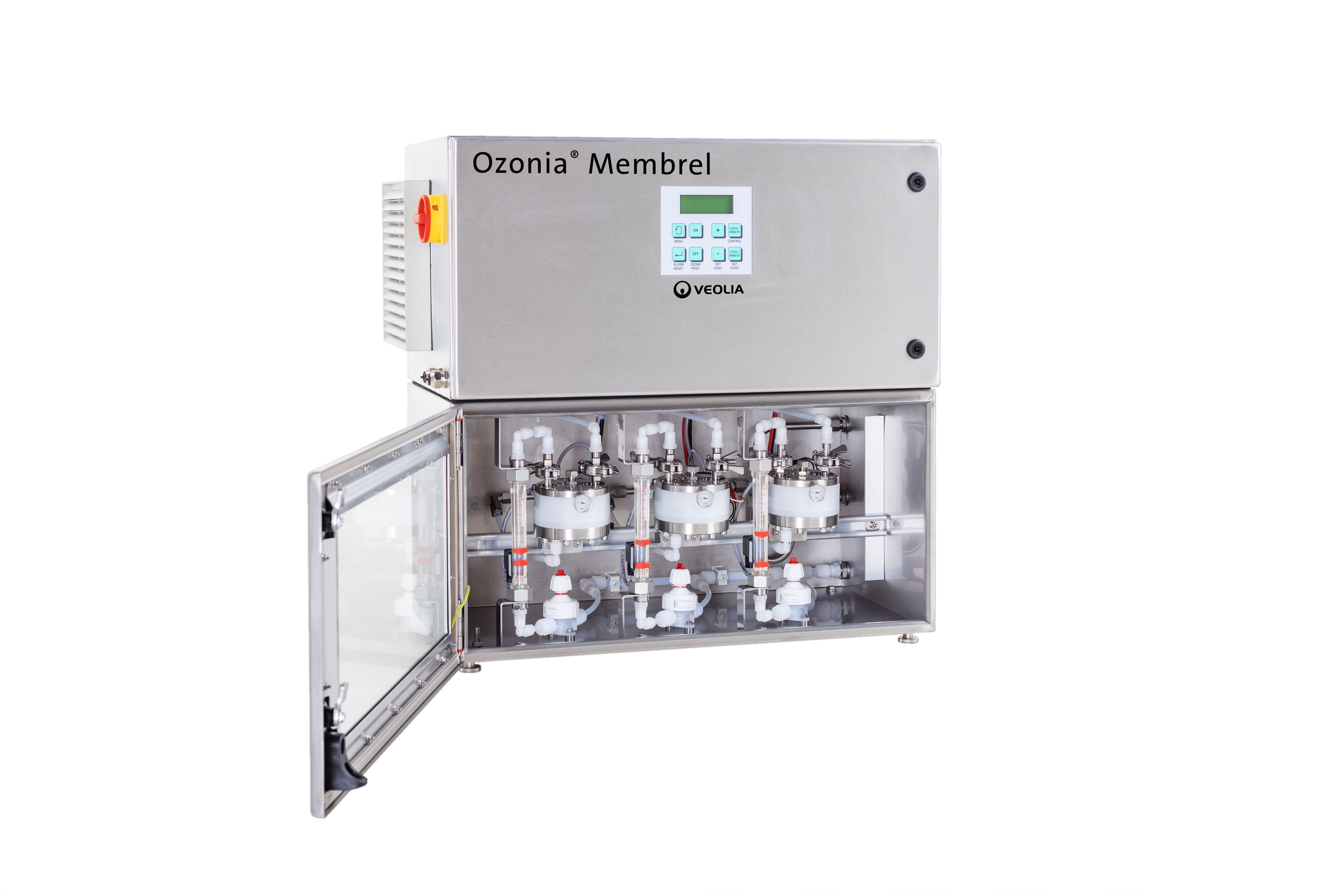 Ozonia Membrel MkV-S-2, Geöffnete Systemeinheit mit sichtbaren Elektrolysezellen, Ozonerzeugung