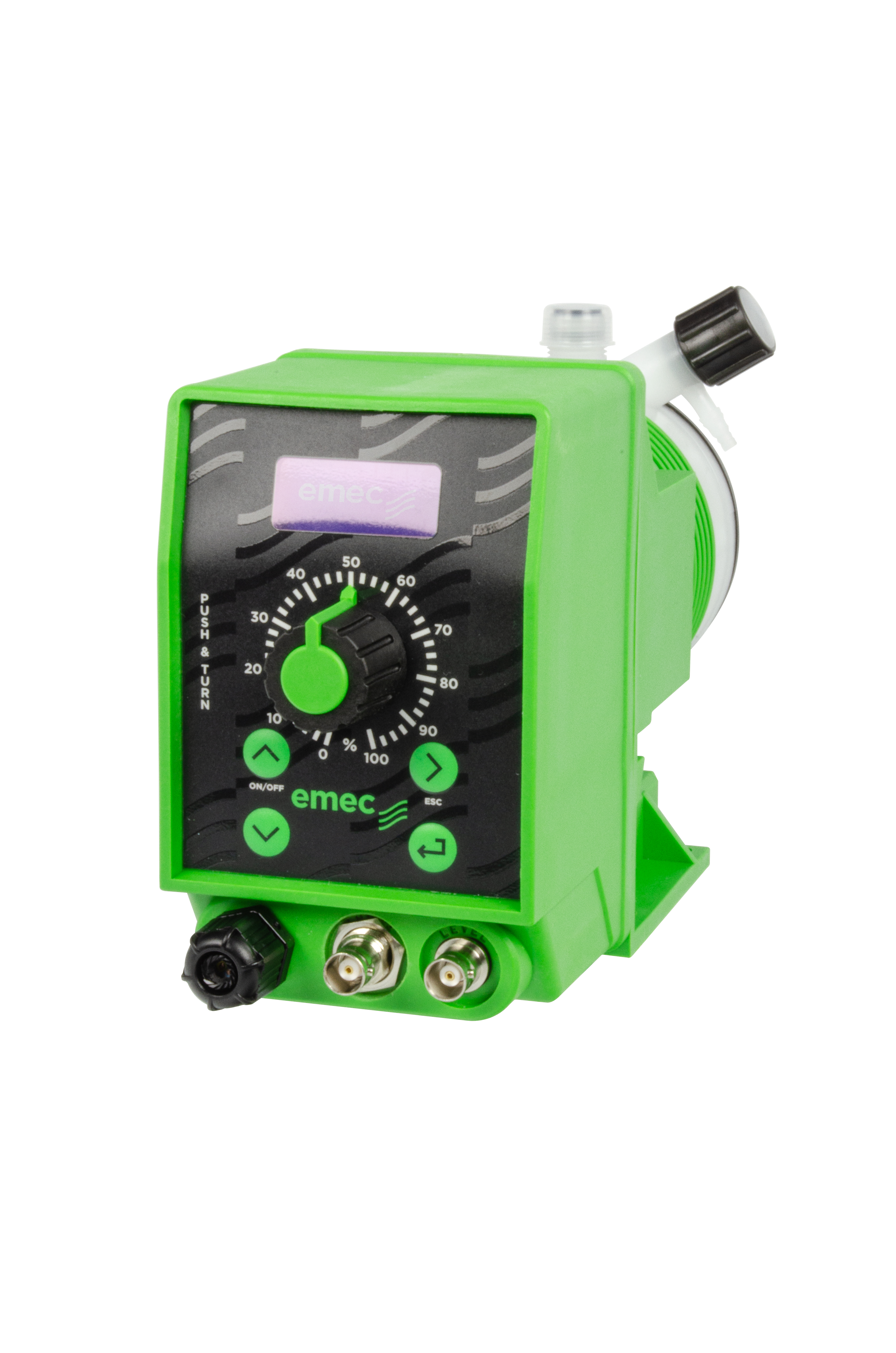 emec KMS-MF Dosing Pump emec KMS MF Dosierpumpe Frontansicht mit LCD Display und Bedienfeldtasten, vielseitige Dosierpumpe mit PTFE Membran