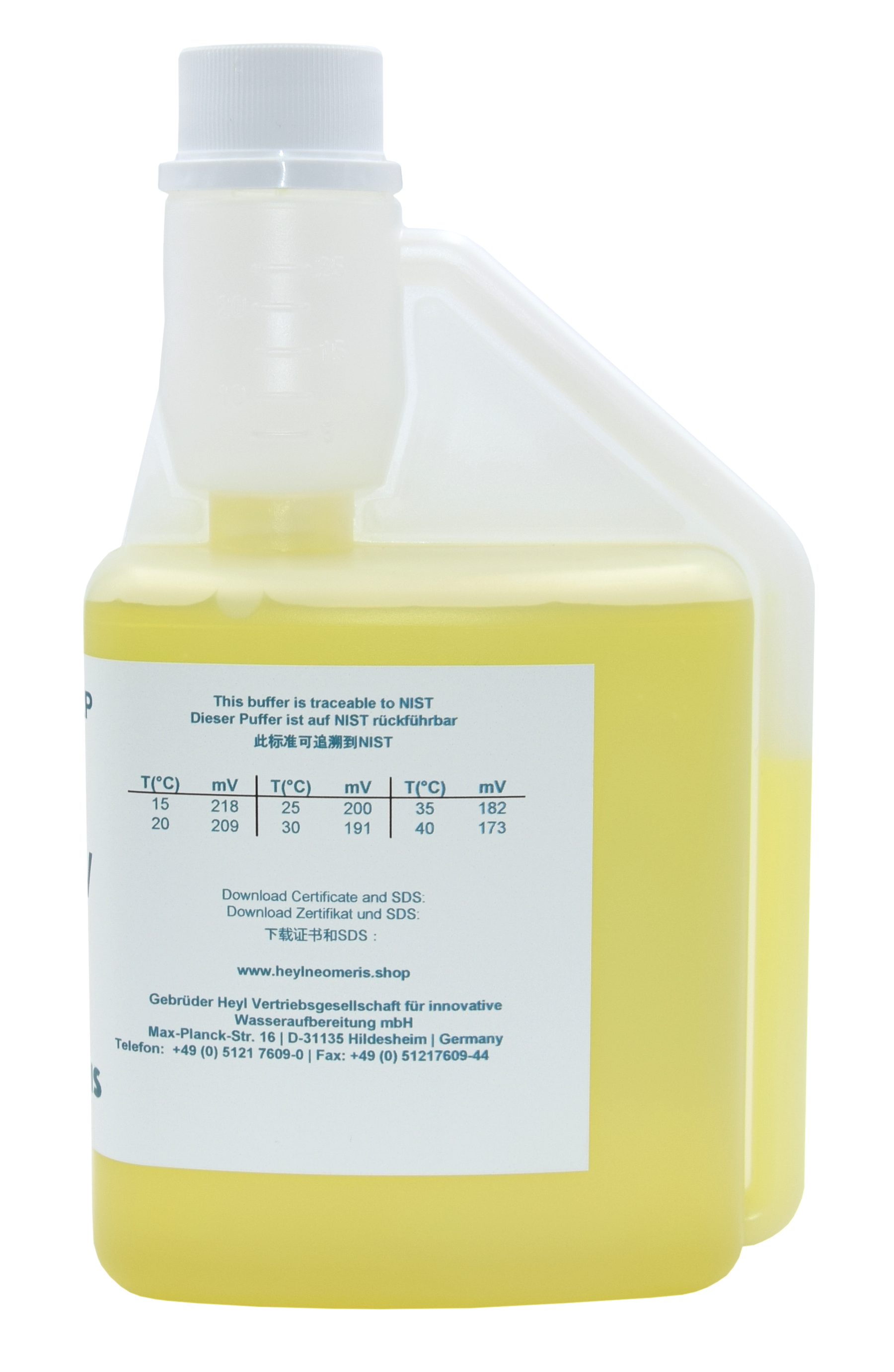 Redox Pufferlösung 200 mV, Seitenansicht der transparenten Flasche mit gelber Flüssigkeit und blauem Text