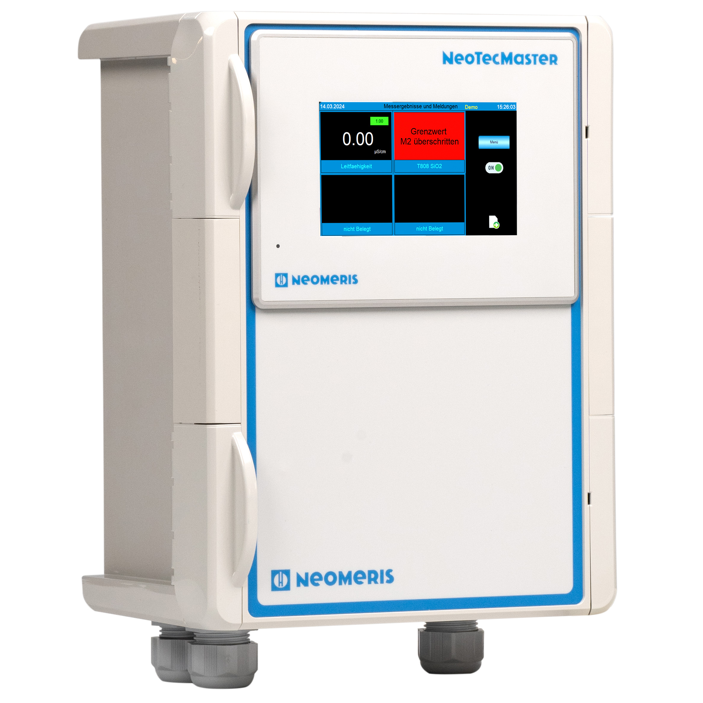 NeoTecMaster® - 5 Zoll im Gehäuse IP 66 als 4 Kanalsystem, vorkonfiguriert zur Aufnahme von bis zu 8 eingehenden 4-20 mA Signalen, einem R232 Signal sowie Modbus Signal, optional freischaltbar auf 8 Kanäle