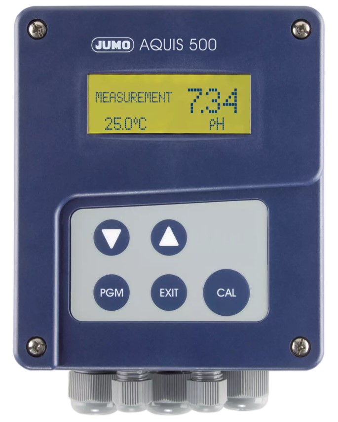 JUMO AQUIS 500 pH - transmitter/controller panel mount, 1x 0(4)-20mA / 0(2) to 10V output + 1x relay output, AC 110 to 240V power supply JUMO AQUIS 500 pH Gerät im Schaltschrank, Anzeige für pH-Wert, Redox oder NH3, mit Relais- und Analogausgang