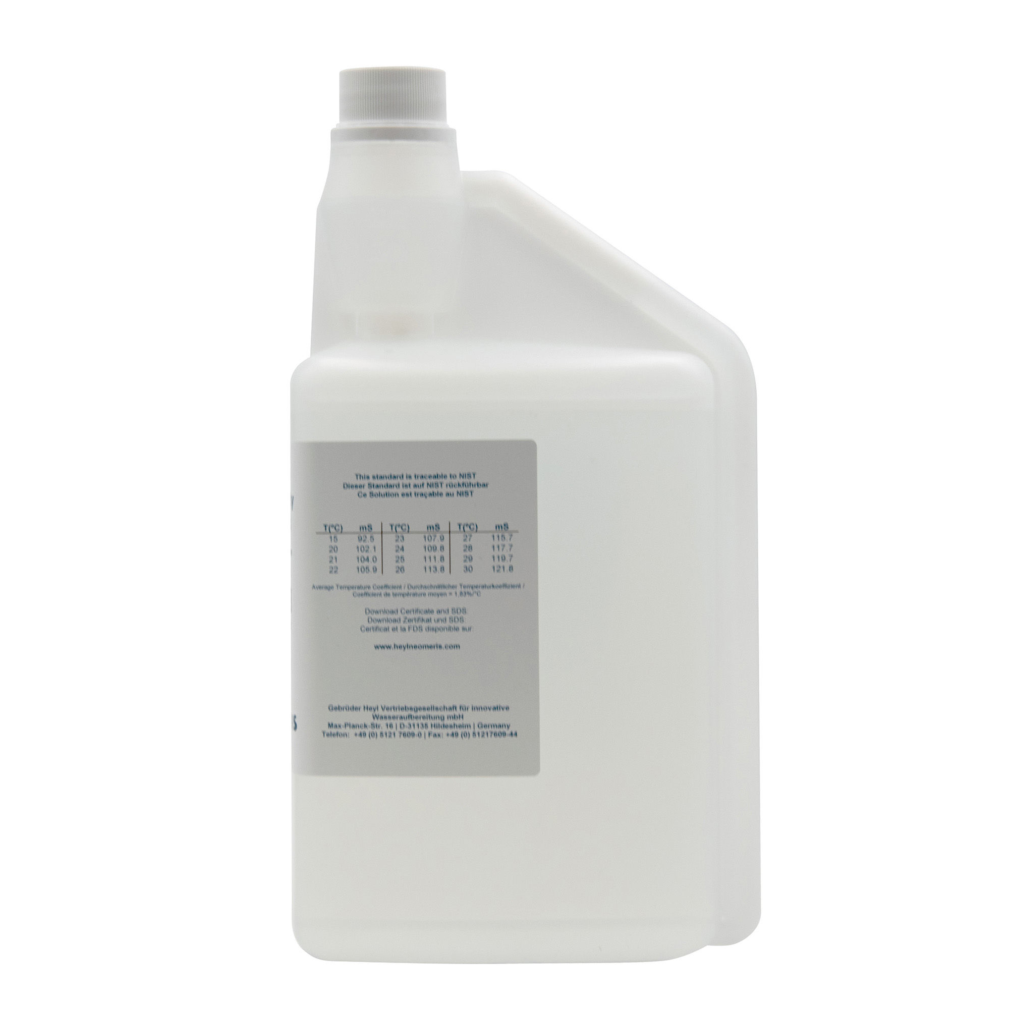 Flasche mit Hygieneverschluss, klare Beschriftung Leitfähigkeitskalibrierlösung, 1000ml, hintere Sicht