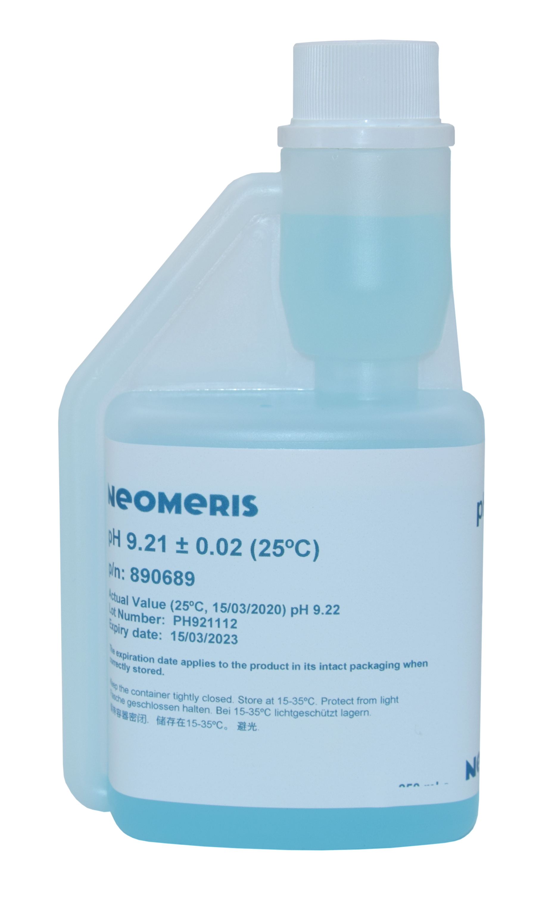 Neomeris pH buffer solution pH 9.21 Pufferlösung pH 9.21, Frontansicht der 250 ml Flasche, blauer Inhalt, Neomeris