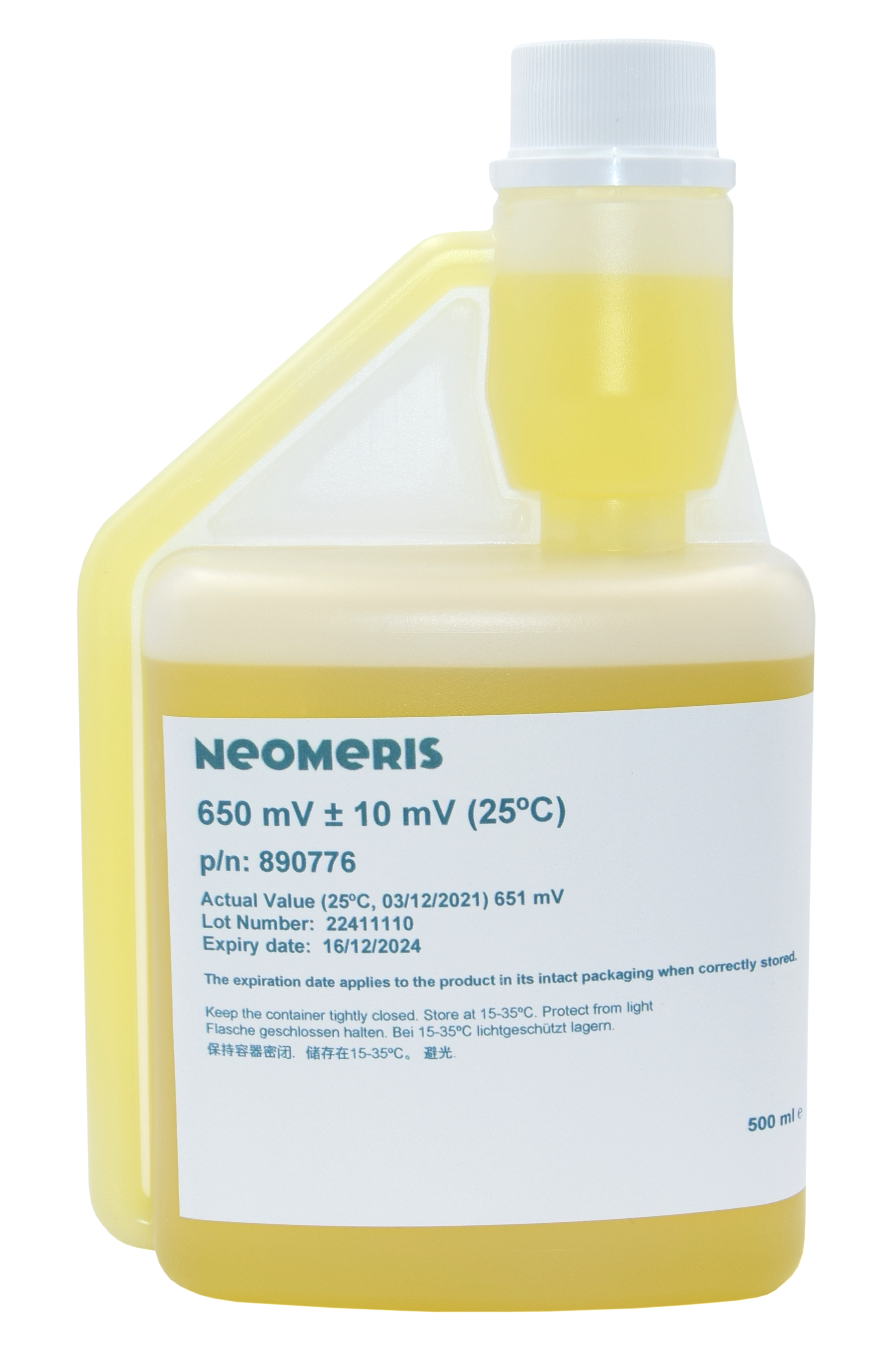 Redox Pufferlösung 650 mV, transparente 500 ml Flasche mit gelblicher Flüssigkeit und blauem Etiketttext