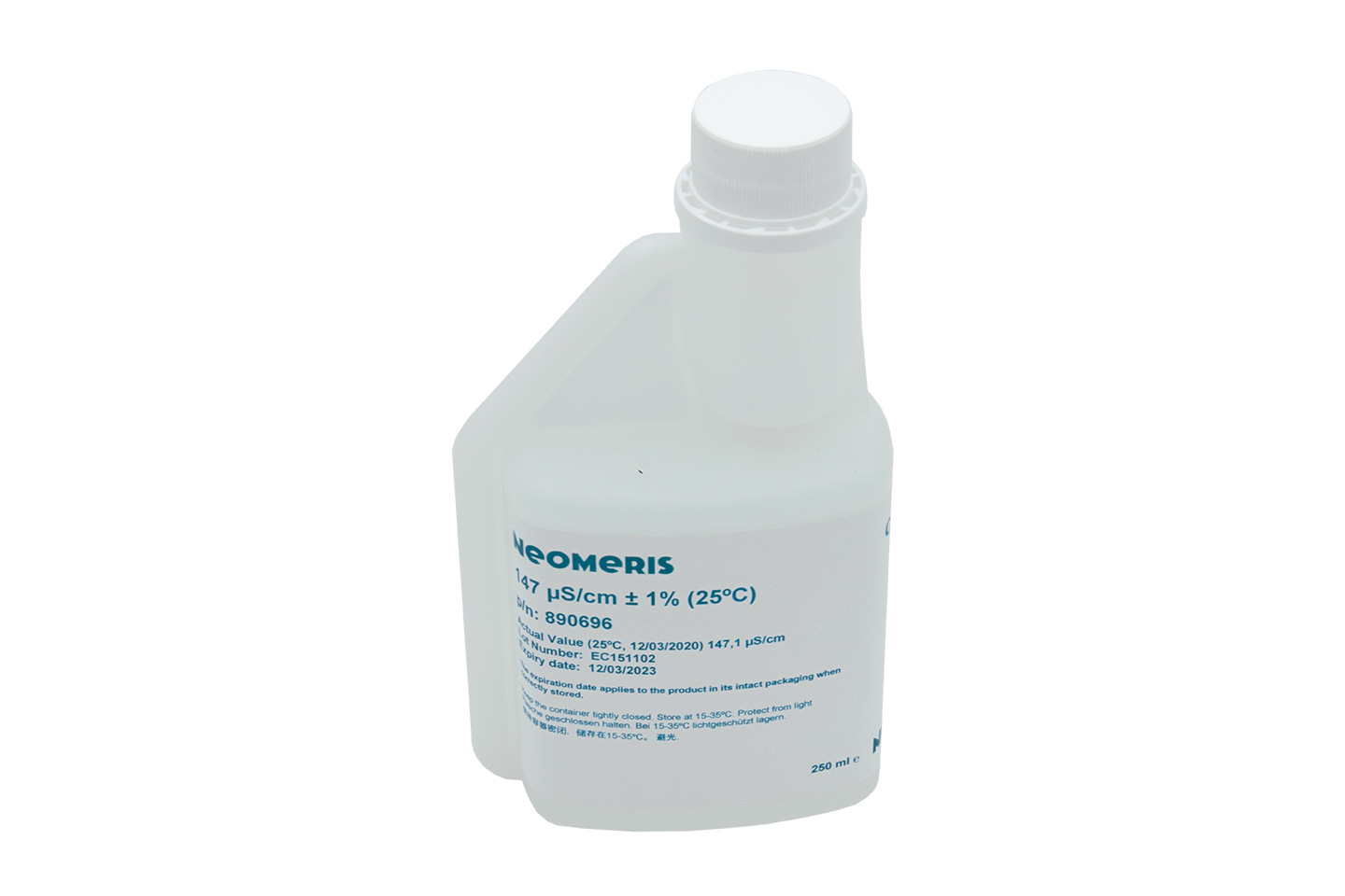 Neomeris conductivity calibration solution Leitfähigkeitskalibrierlösung, Frontansicht der weißen Kunststoffflasche mit blauem Etikett, 250 ml Volumen, Hygieneverschluss gegen Verunreinigung, Kalibrierlösung für Elektroden