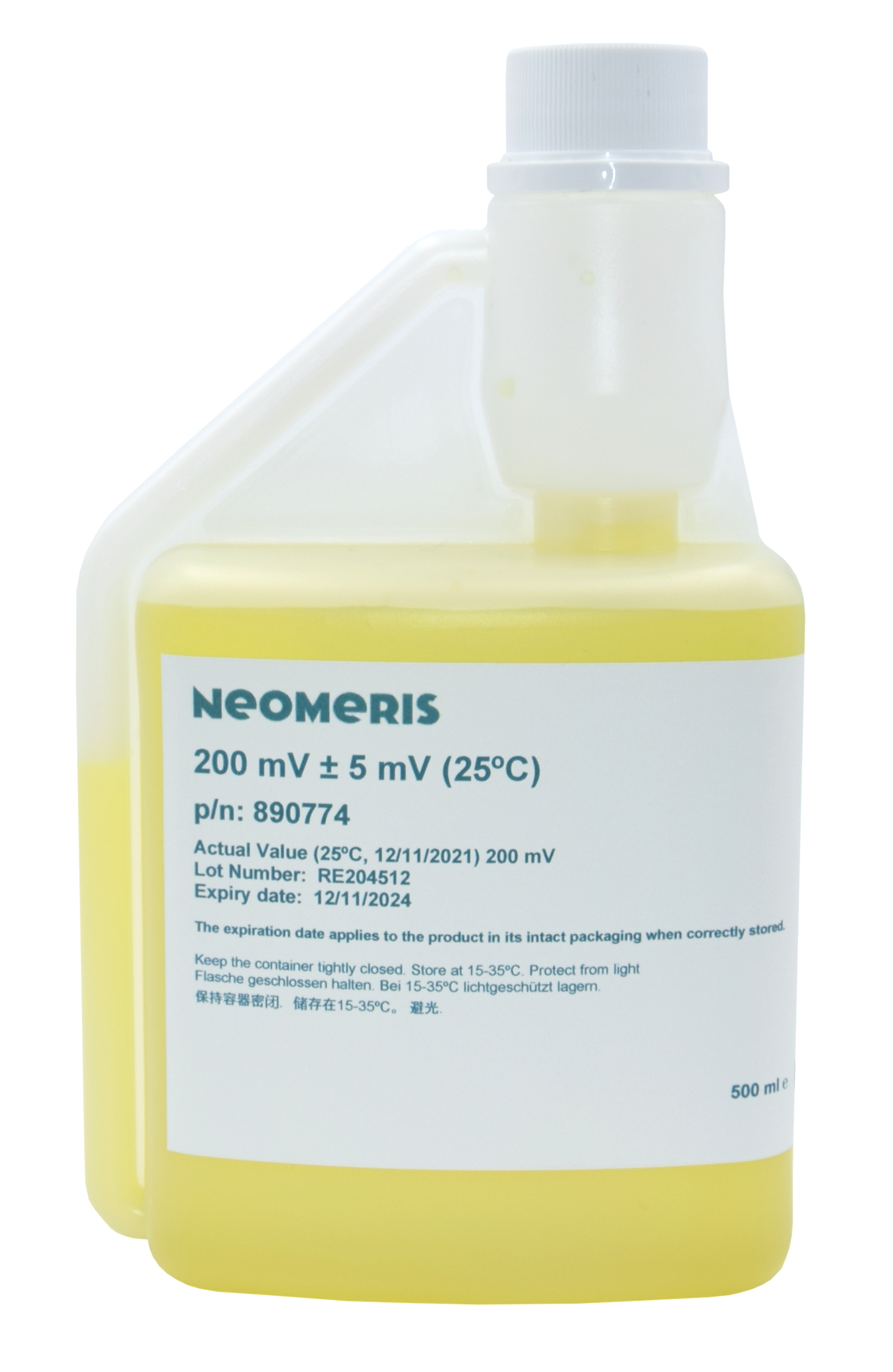 Neomeris redox buffer solution 200 mV Redox Pufferlösung 200 mV, transparente 500 ml Flasche mit gelber Flüssigkeit und blauem Etiketttext