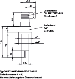 Technische Zeichnung von JUMO ecoLine CR-PVC Leitfähigkeitssensor mit Zellenkonstante K = 0,1, Pt100 unsere Artikelnummer 800345