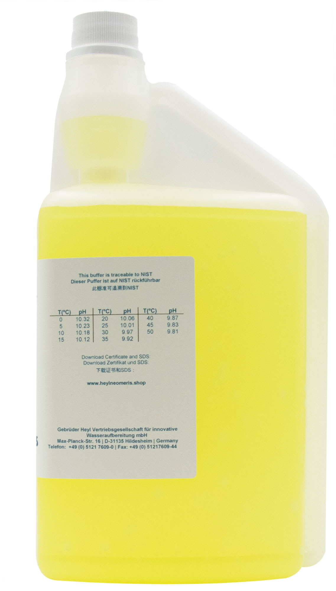 Neomeris Pufferlösung pH 10.01 Rückseite, 1 Liter Flasche mit Etikett